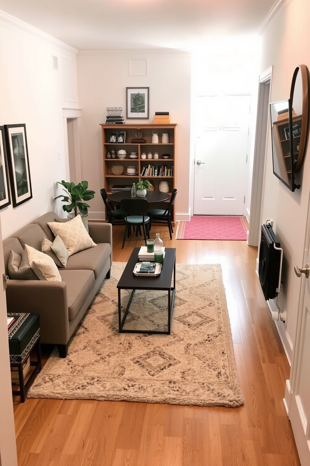 A narrow apartment features a cozy living area defined by a plush area rug in a soft neutral tone. The rug anchors the seating arrangement, creating an inviting atmosphere that enhances the overall design. In the dining area, a bold patterned area rug adds a splash of color and delineates the space from the adjacent kitchen. This thoughtful use of rugs not only defines each area but also contributes to the apartment's unique character.