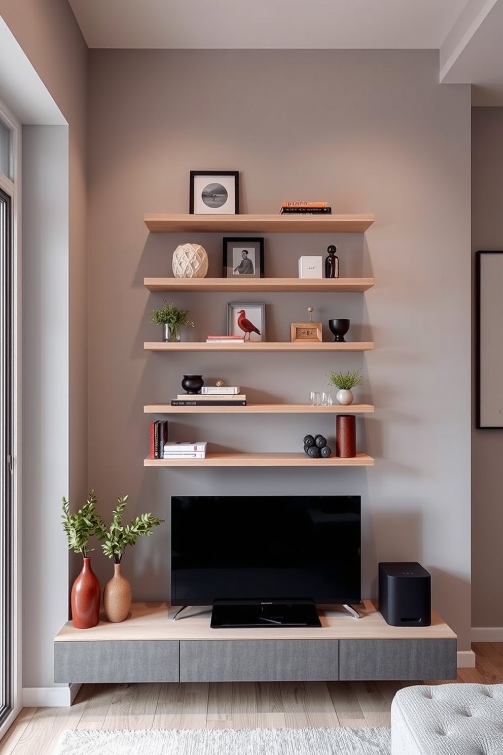 A narrow apartment design featuring floating shelves that elegantly display decor items while providing essential storage solutions. The shelves are made of light wood and are arranged at varying heights on a soft gray wall, creating a visually appealing focal point in the living area.