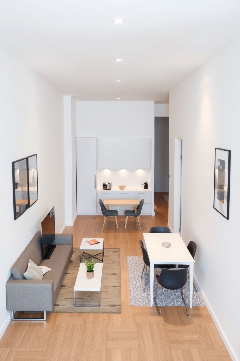 An open floor plan layout for a narrow apartment features a seamless transition between the living, dining, and kitchen areas. The space is designed to maximize functionality while maintaining a sense of flow and openness. The living area includes a sleek sofa positioned against a wall, complemented by a modern coffee table and a stylish area rug. A dining table for four is situated adjacent to the kitchen, which showcases minimalist cabinetry and a compact island for additional prep space.
