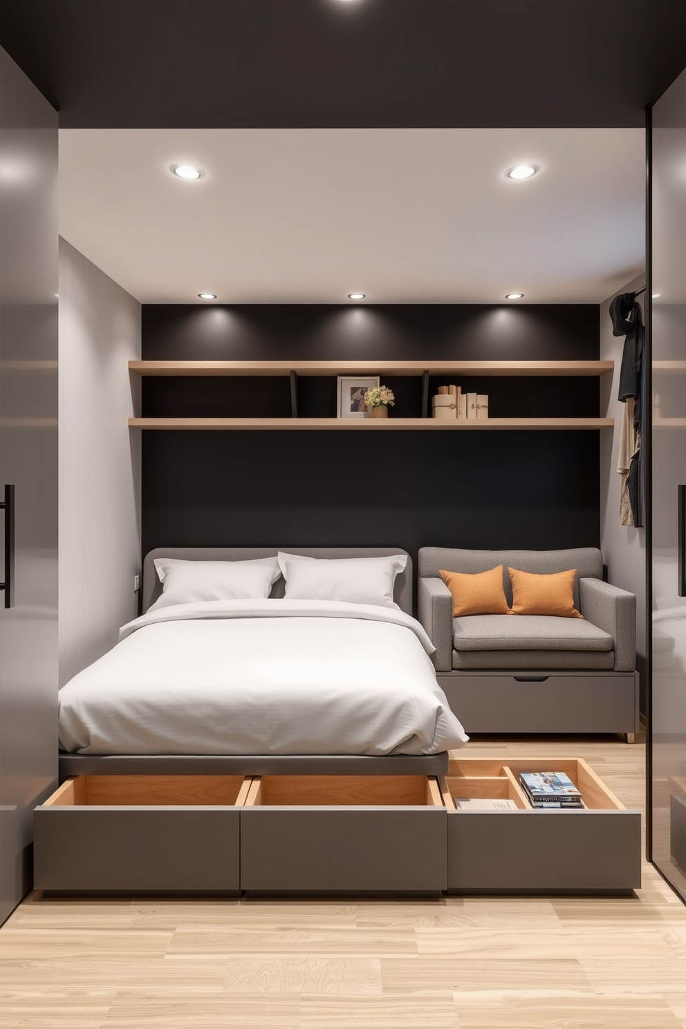 A narrow apartment design that maximizes space and functionality. The bedroom features a sleek platform bed with built-in under-bed storage drawers for optimal organization. The living area is designed with a compact sofa that can be converted into a bed for guests. Wall-mounted shelves provide additional storage without taking up floor space, creating an open and airy feel.