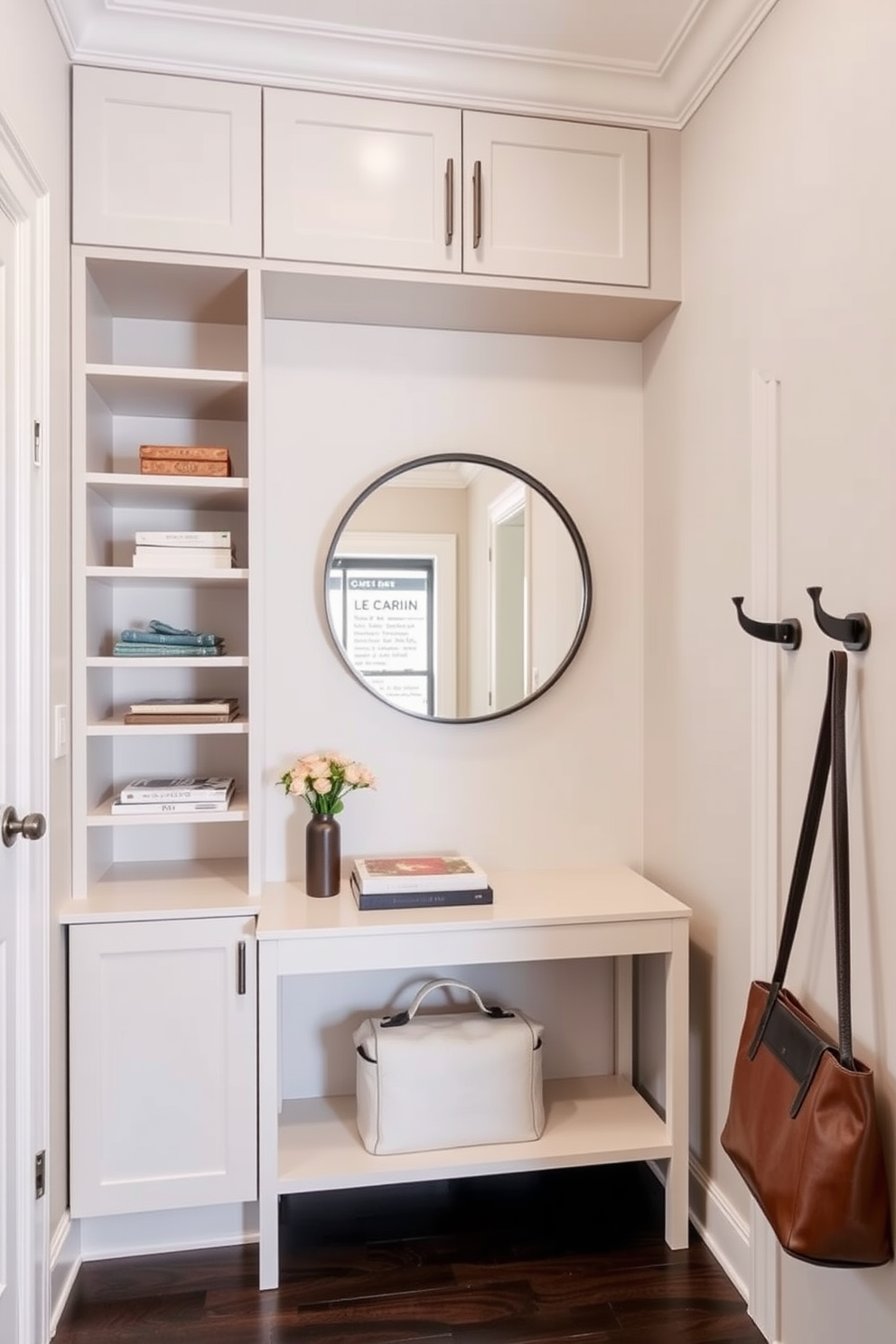 Custom cabinetry for tailored storage. Imagine a sleek built-in unit that maximizes vertical space with a combination of open shelves and closed compartments. Narrow entryway design ideas. Envision a stylish console table paired with a round mirror above, complemented by wall-mounted hooks for coats and bags.