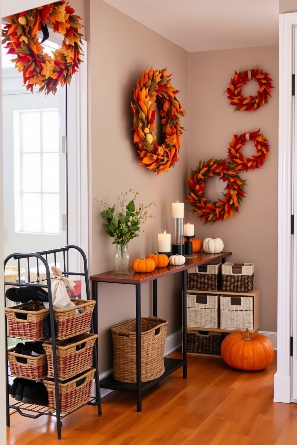 A seasonal entryway design featuring a vibrant autumn theme. The walls are adorned with warm-toned wreaths and a small console table displays pumpkins and candles. Narrow entryway design ideas that maximize space while maintaining style. A slim shoe rack with decorative baskets sits against one wall, and a large mirror enhances the sense of openness.