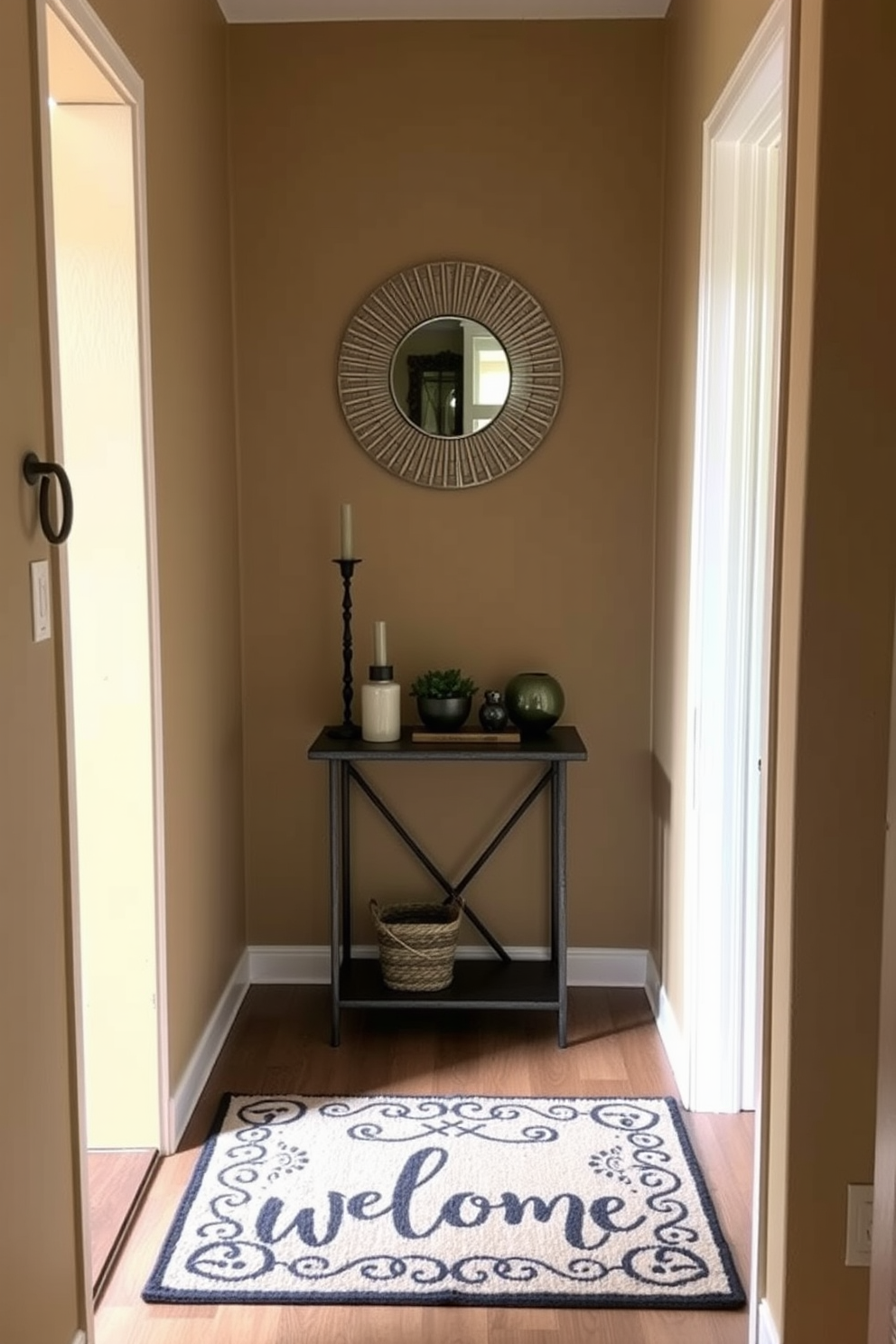 A personalized welcome mat greets guests at the entrance, featuring a custom design that reflects the homeowner's personality. The narrow entryway is adorned with soft lighting and a slim console table, creating an inviting atmosphere. The walls are painted in a warm neutral tone, enhancing the space's brightness and openness. A small decorative mirror hangs above the console, adding depth and functionality while showcasing a curated selection of decorative items.
