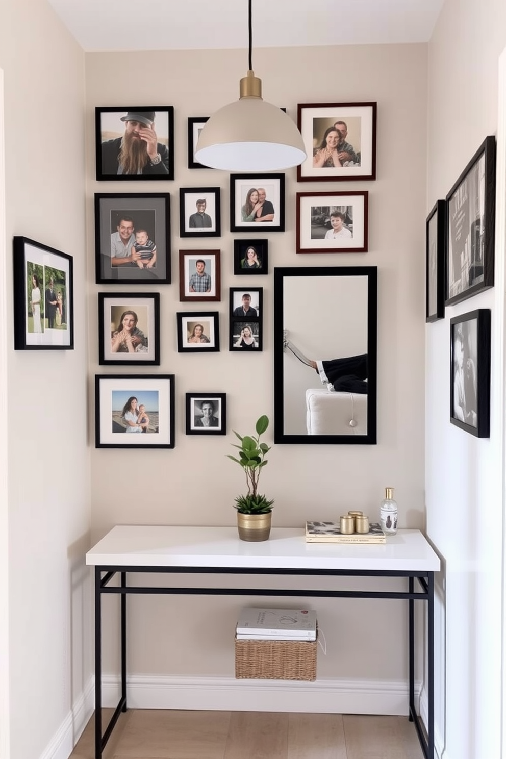 A gallery wall adorned with a curated selection of family photos in various frame styles. The wall is painted in a soft neutral tone, creating a warm and inviting atmosphere. A narrow entryway featuring a sleek console table with decorative items and a stylish mirror above it. The space is illuminated by a modern pendant light, and a small potted plant adds a touch of greenery.
