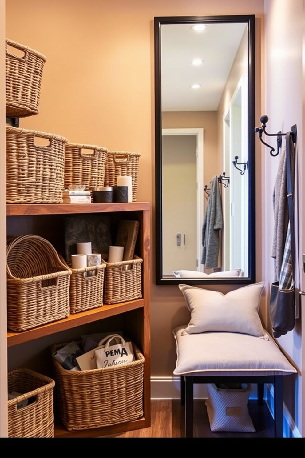 Woven baskets in natural fibers are arranged on a sturdy wooden shelf, providing stylish and organized storage solutions. The entryway features a warm color palette with soft lighting that enhances the inviting atmosphere. The narrow entryway includes a sleek console table adorned with decorative items and a large mirror that creates an illusion of space. A small bench with plush cushions offers a practical seating area, while hooks on the wall hold coats and bags neatly.