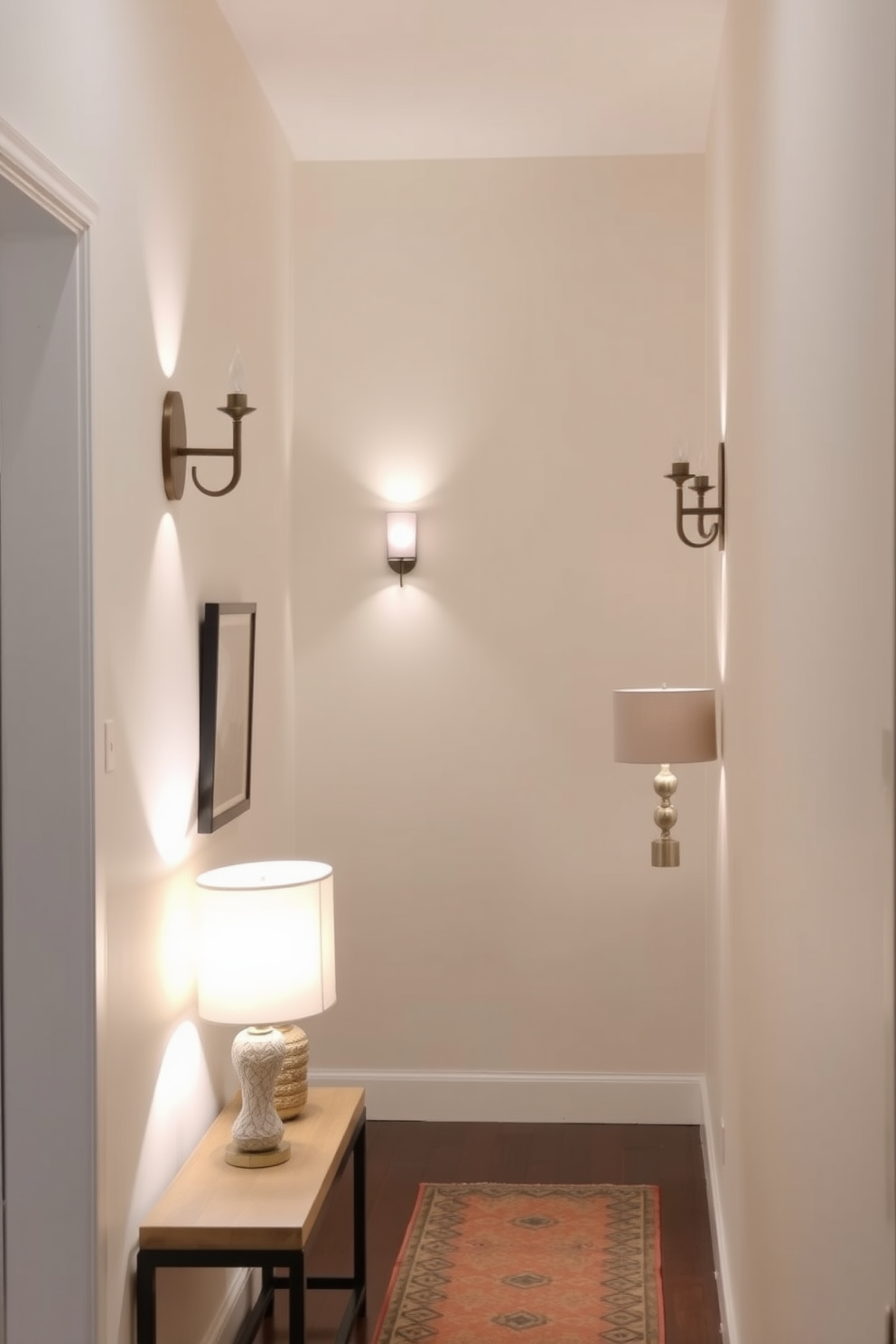 A narrow entryway featuring layered lighting that includes stylish sconces on the walls and decorative lamps on a console table. The walls are painted in a soft neutral color, and a runner rug adds warmth and texture to the space.