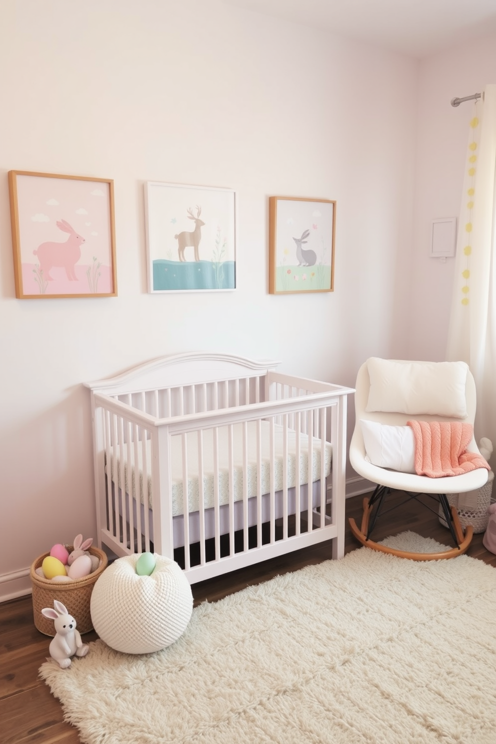 A serene nursery space adorned with soft pastel colored wall art depicting whimsical animals and nature scenes. The decor includes gentle hues of pink, blue, and yellow, creating a calming atmosphere perfect for a child's room. Incorporate Easter decorating ideas such as playful bunny figurines and colorful egg garlands. The room features a cozy rocking chair and a plush area rug, inviting relaxation and joyful moments.