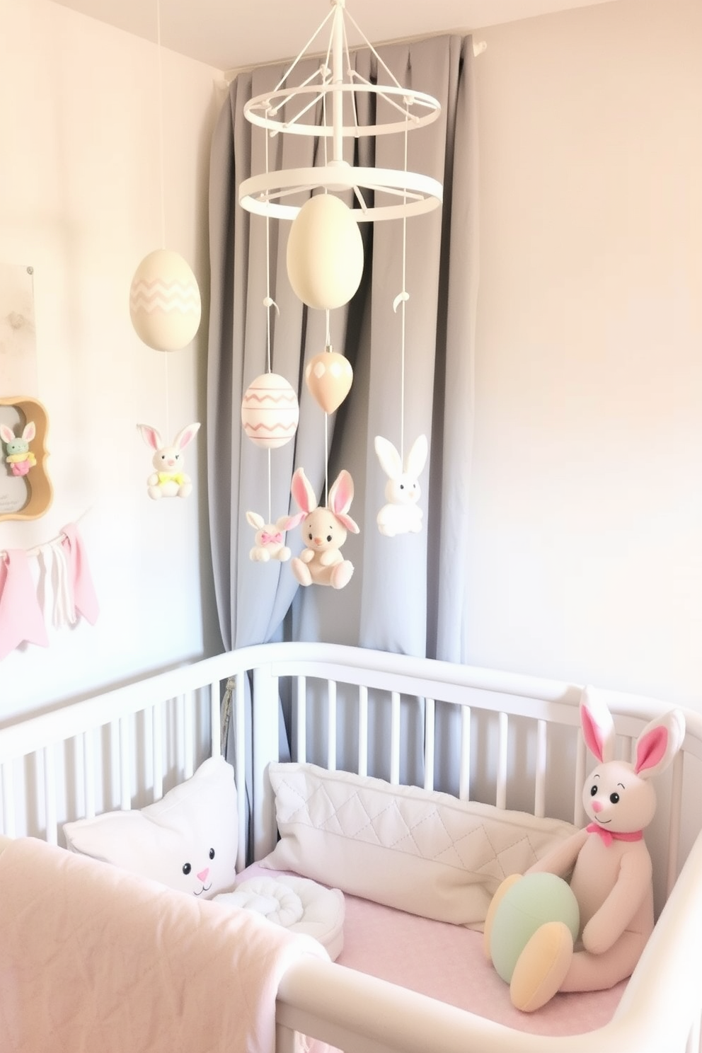 Create a whimsical nursery setting adorned with hanging mobiles featuring egg and bunny shapes. Soft pastel colors dominate the decor, with plush toys and gentle lighting enhancing the Easter theme.