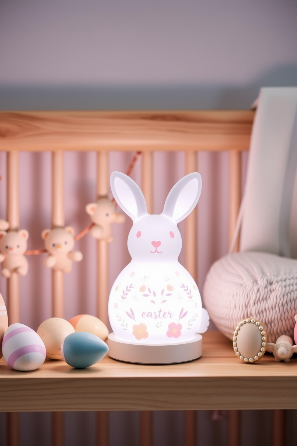 A cozy nursery setting featuring a charming Easter themed night light that casts a soft glow in pastel colors. The night light is shaped like a bunny with delicate floral patterns, placed on a wooden shelf adorned with Easter decorations like colorful eggs and small plush animals.