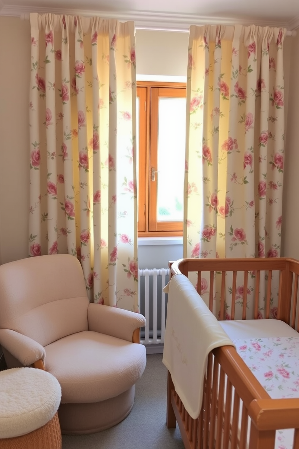 A cozy nursery adorned with floral curtains in soft pastel shades. The curtains gently frame a window, allowing natural light to illuminate the room, creating a serene and cheerful atmosphere. A plush rocking chair is positioned next to a beautifully crafted wooden crib. The walls are painted in a light, calming hue, complementing the delicate floral patterns of the curtains.