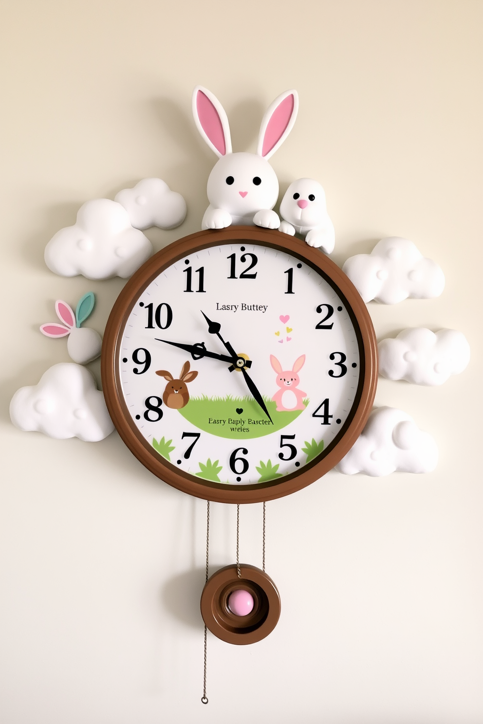 A whimsical wall clock featuring playful bunnies is the centerpiece of the nursery. The clock is adorned with pastel colors and surrounded by soft, fluffy clouds, creating a cheerful atmosphere for Easter decorating ideas.