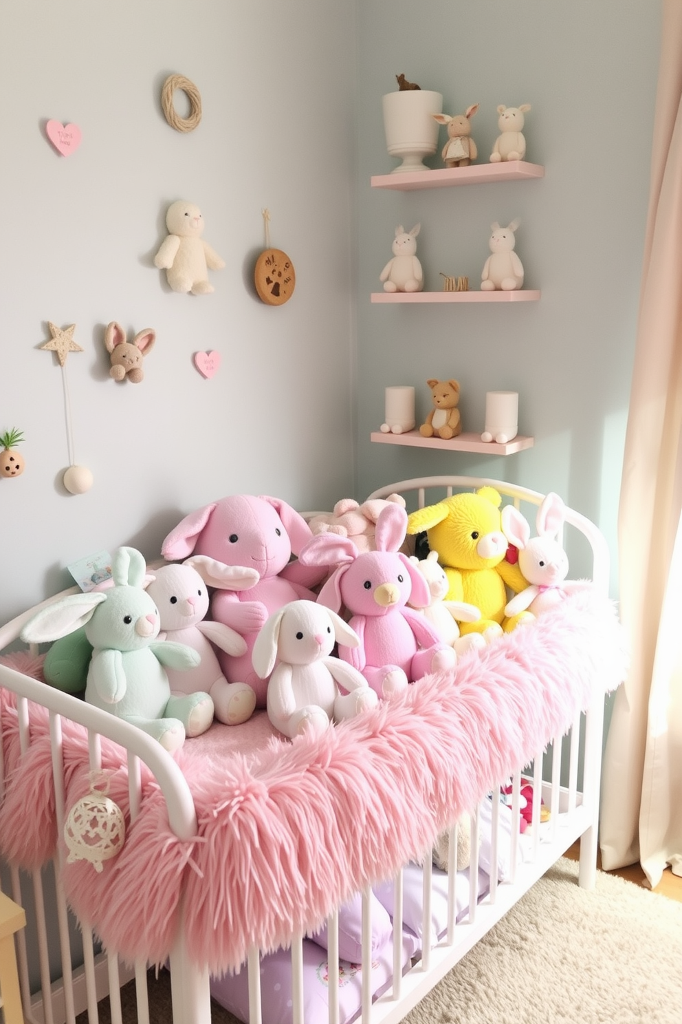 A charming nursery filled with stuffed animals in soft pastel colors arranged neatly on a plush shelf. The room features gentle lighting and whimsical decorations, creating a cozy and inviting atmosphere for Easter celebrations.