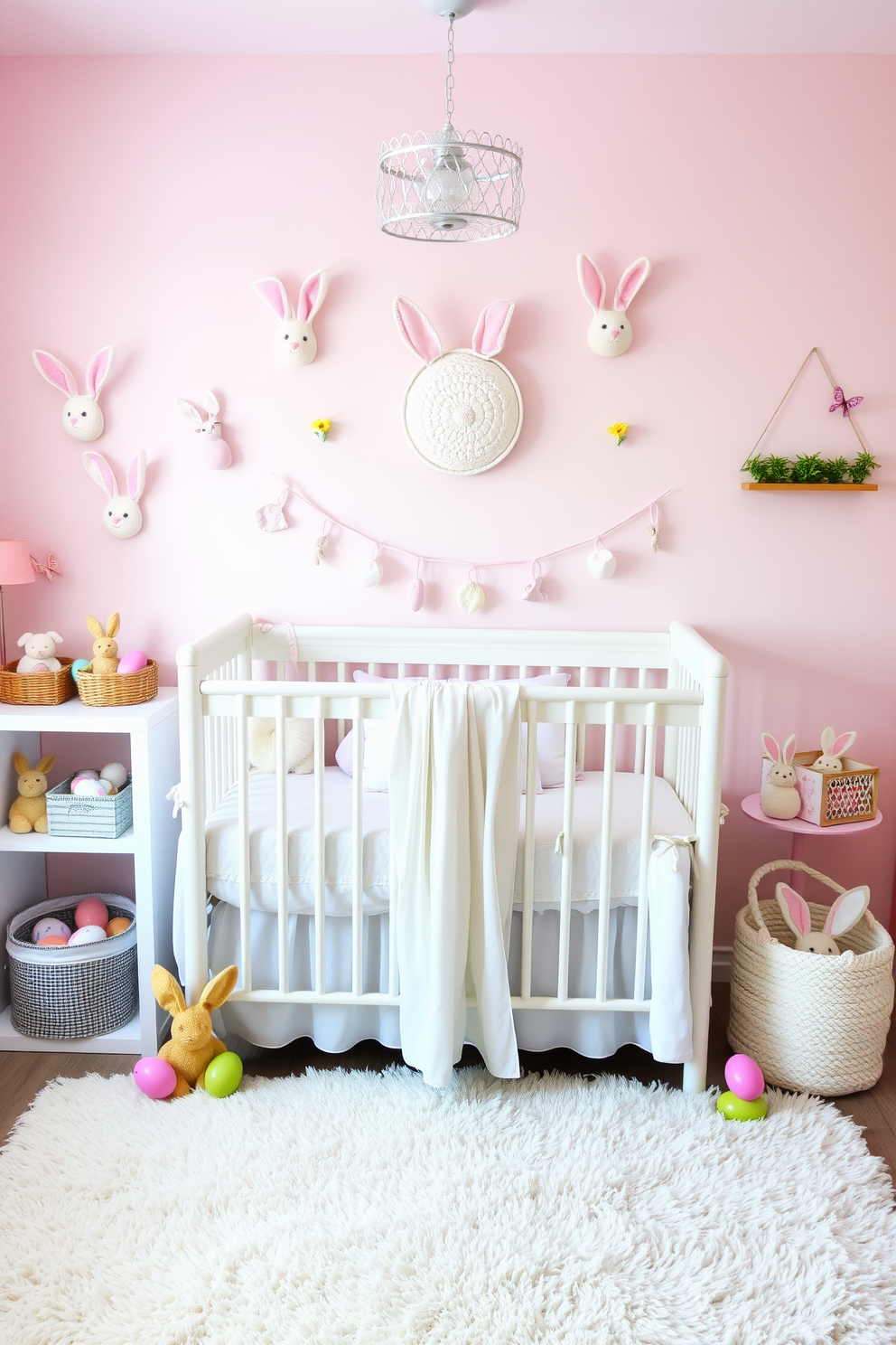 A whimsical nursery setting adorned with bunny ears headbands for decor. The soft pastel walls are complemented by a cozy crib draped with delicate fabric, creating a playful yet serene atmosphere. Easter-themed decorations are scattered throughout, featuring colorful eggs and cute bunny figurines. A plush area rug adds warmth to the space, inviting little ones to play and explore.