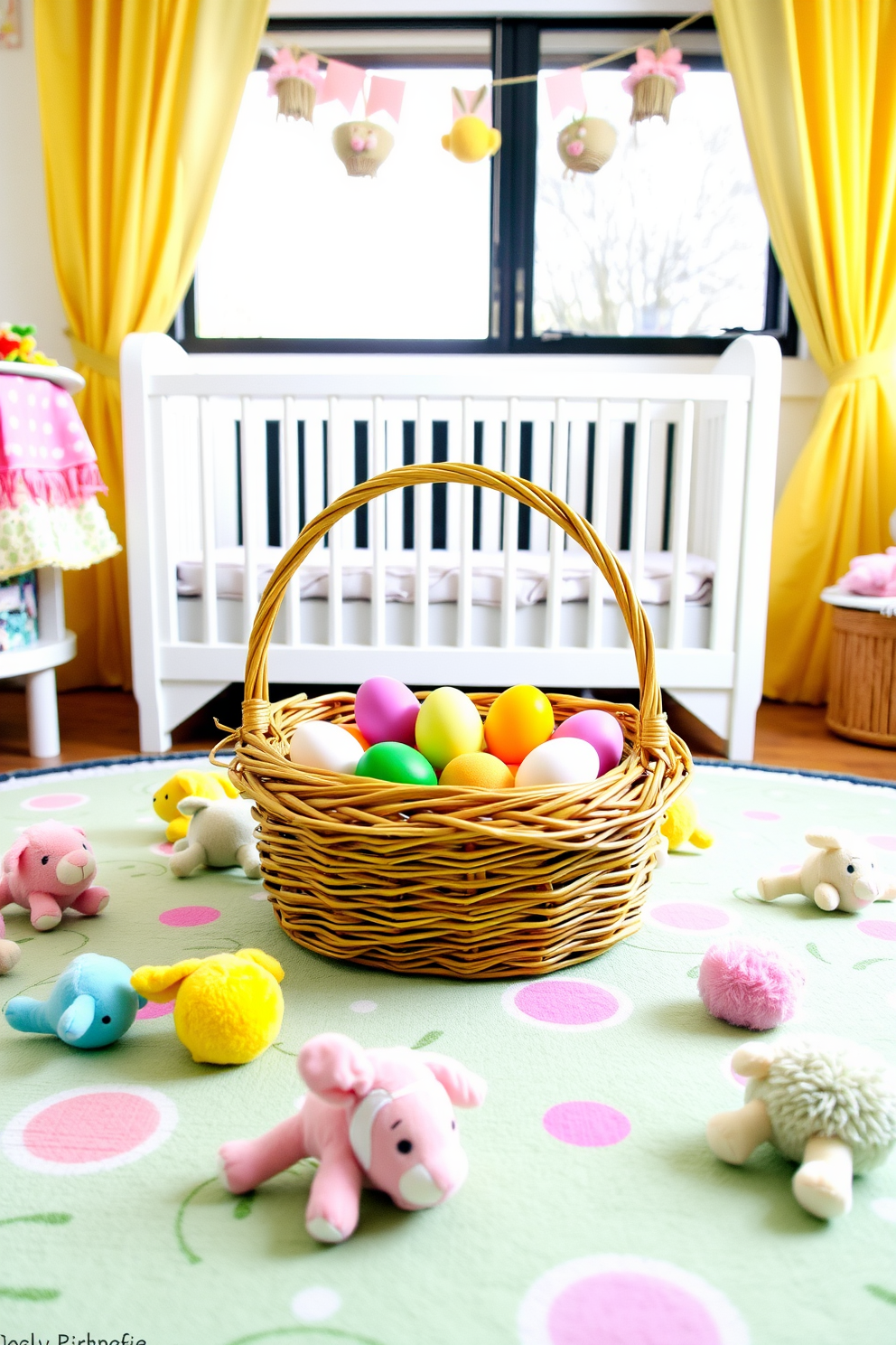 A charming nursery setting designed for an Easter egg hunt. The room features a pastel-colored play mat with a variety of plush toys scattered around, and a beautifully woven Easter basket filled with colorful eggs sits in the center.