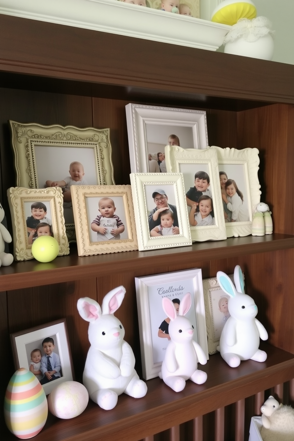 Charming picture frames adorned with family photos are arranged on a wooden shelf, creating a warm and inviting atmosphere. The frames vary in size and style, showcasing cherished memories and adding a personal touch to the nursery. Easter decorations bring a festive spirit to the nursery, with pastel-colored eggs and bunny figurines placed throughout the space. Soft, plush toys in seasonal themes complement the decor, creating a cheerful and playful environment for the little ones.