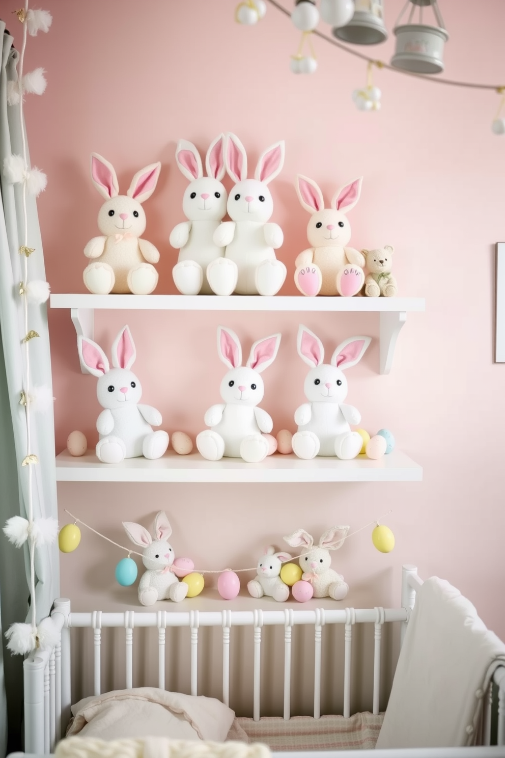 A cozy nursery filled with soft pastel colors. Shelves adorned with bunny shaped plush toys create a playful and inviting atmosphere. Easter decorations add a festive touch to the room. Delicate garlands and colorful eggs complement the plush toys, enhancing the cheerful theme.