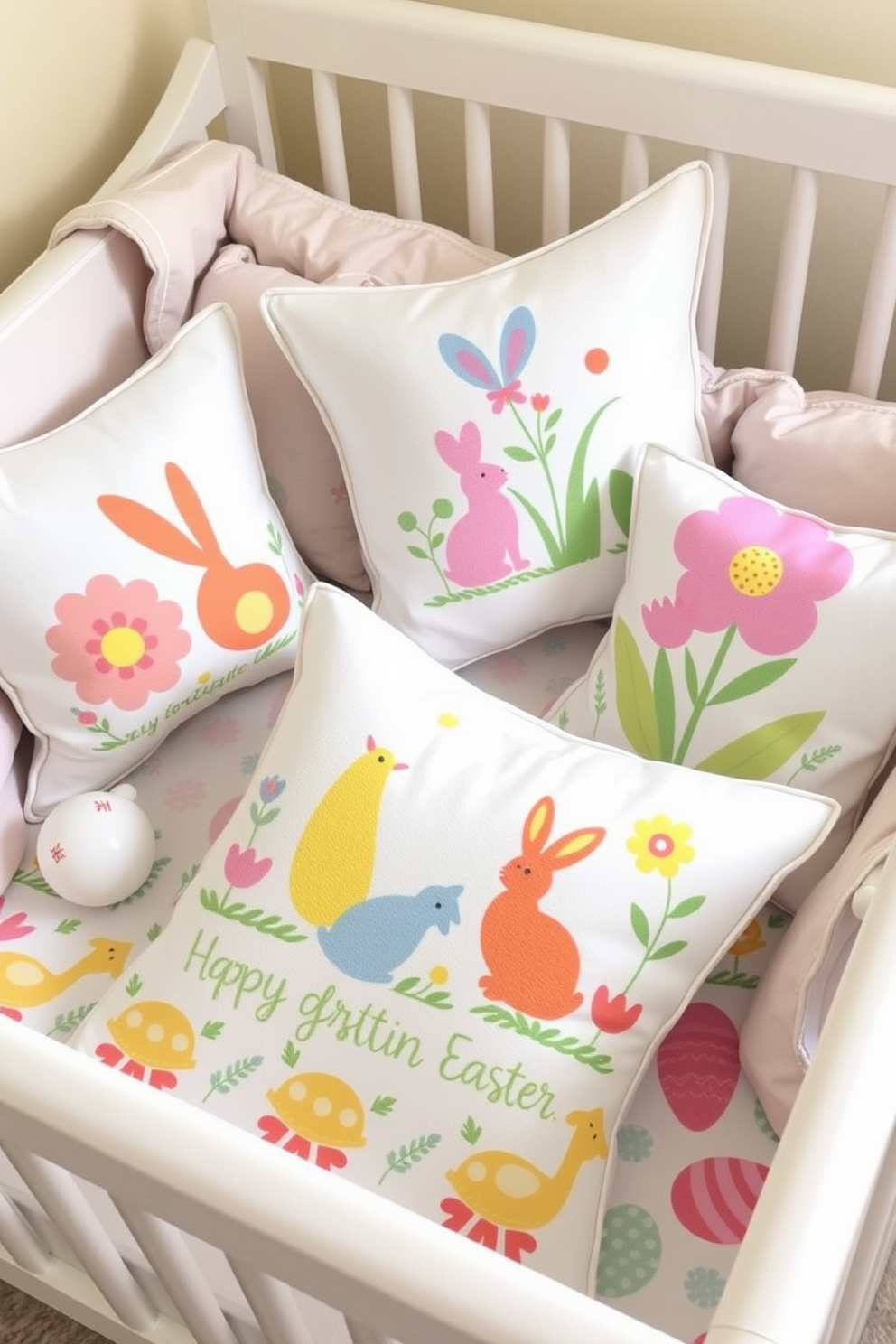 Decorative pillows adorned with vibrant spring motifs are scattered across a cozy nursery setting. The soft pastel colors and playful patterns create a cheerful atmosphere perfect for celebrating Easter.