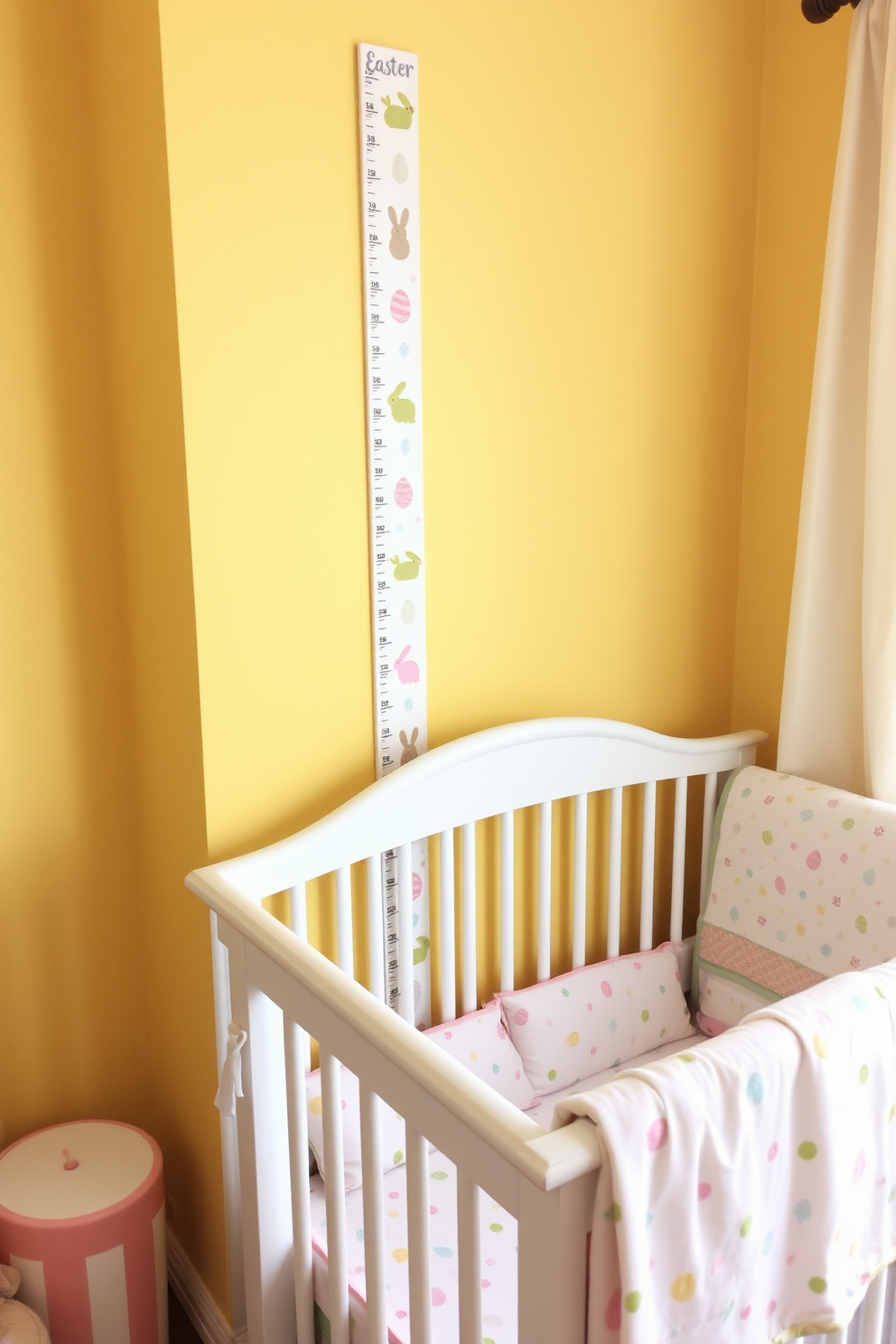 Easter themed growth chart on wall with pastel colored bunnies and eggs illustrated along the height markers. The nursery features soft yellow walls and a cozy white crib adorned with Easter themed bedding.