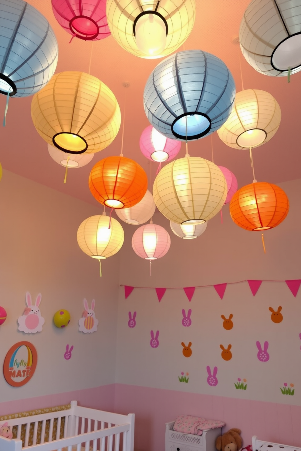 Colorful paper lanterns hang from the ceiling, casting a warm and cheerful glow throughout the nursery. The walls are adorned with pastel colors and playful Easter-themed decorations, creating a whimsical atmosphere for the little ones.