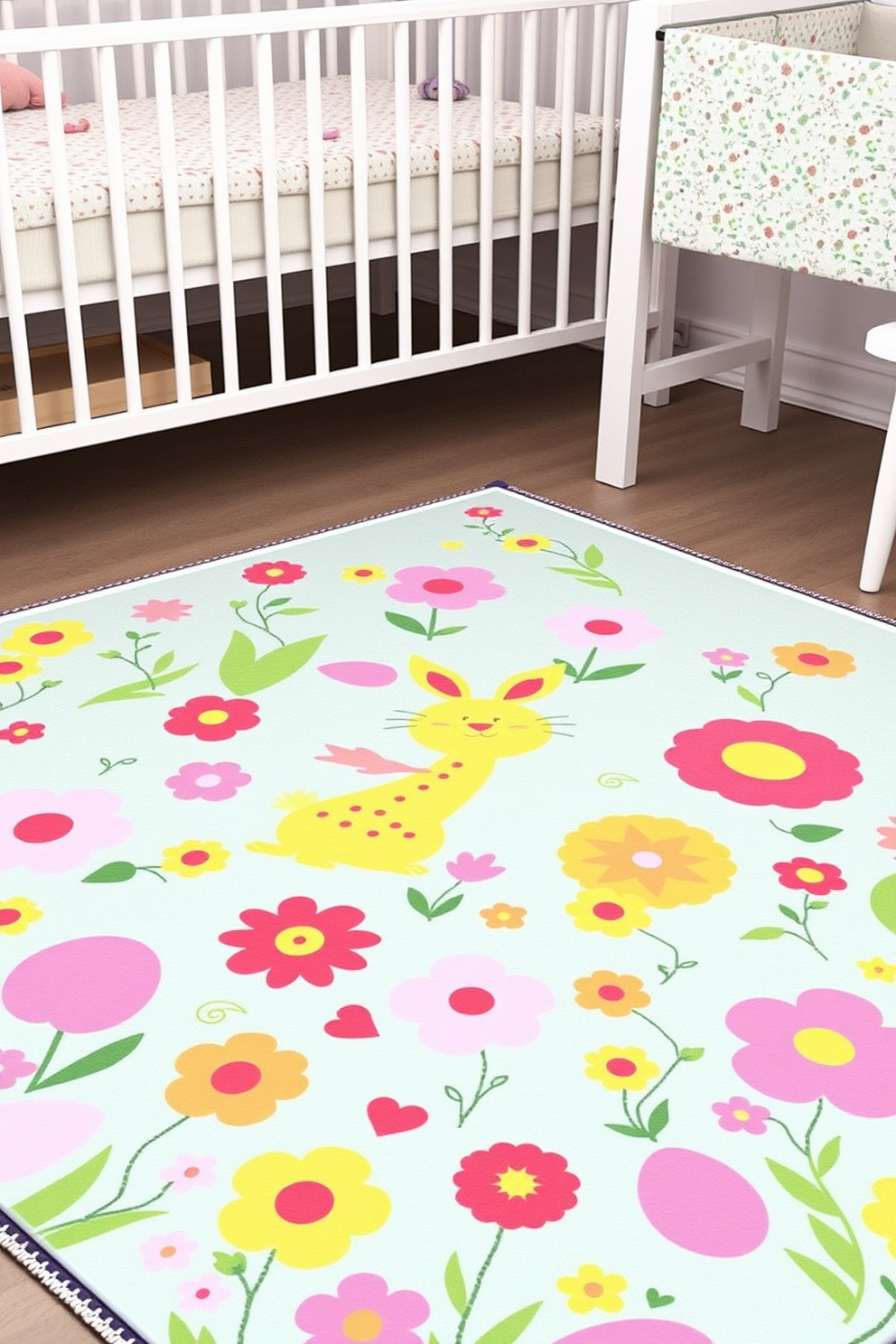 A vibrant play mat designed for a nursery featuring cheerful Easter and spring motifs. The mat showcases colorful bunnies, blooming flowers, and pastel eggs, creating a playful and inviting atmosphere for children.