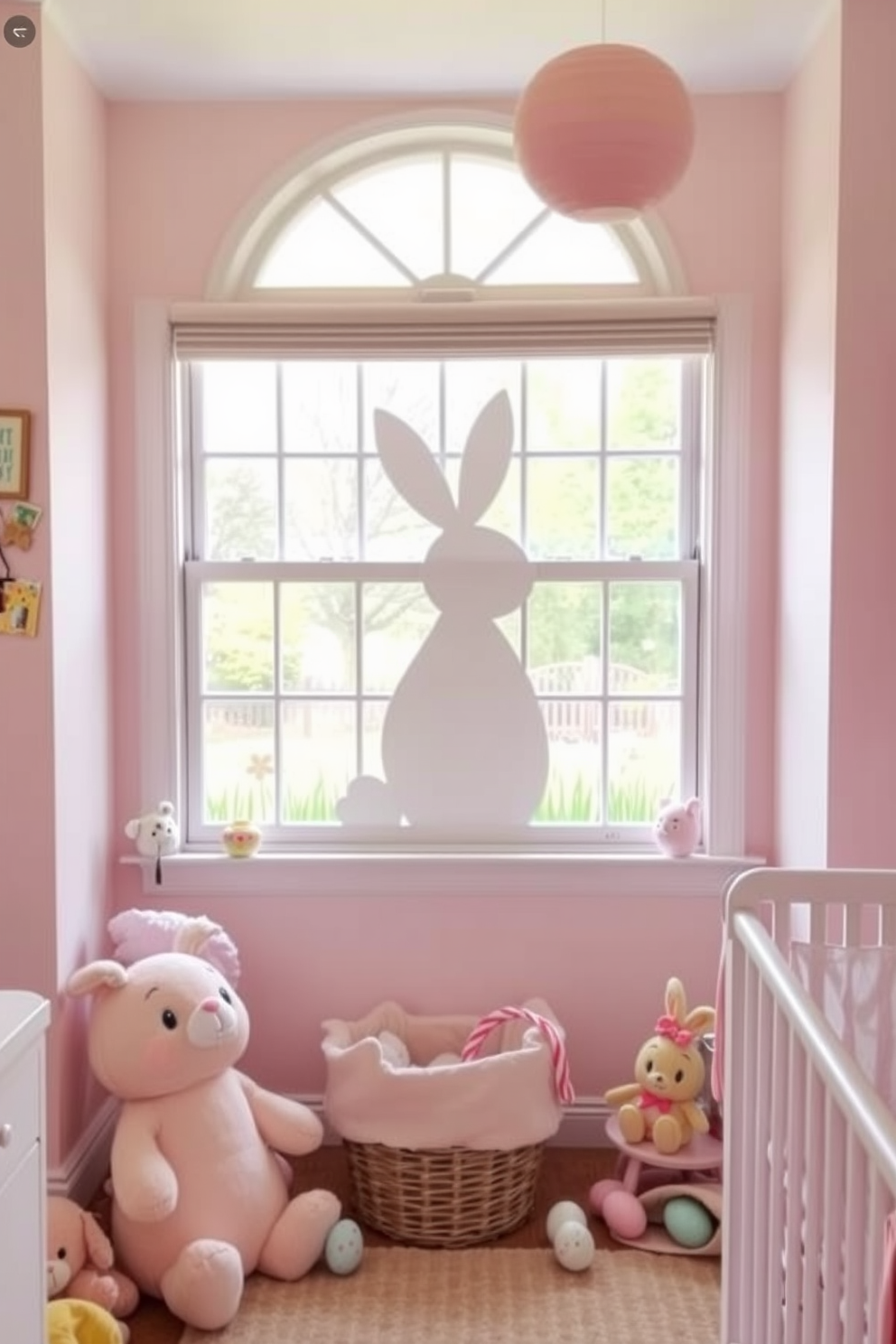 A charming nursery decorated for Easter features a large window adorned with a playful silhouette of an Easter bunny. Soft pastel colors dominate the room, with plush toys and decorative eggs scattered throughout to create a festive atmosphere.