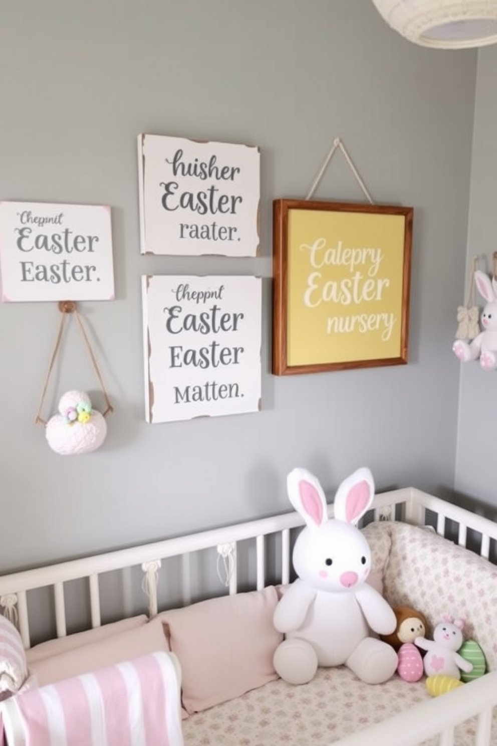 Decorative wooden signs featuring cheerful Easter quotes are placed throughout the nursery, adding a whimsical touch to the space. Soft pastel colors dominate the decor, with plush toys and Easter-themed accents enhancing the festive atmosphere.