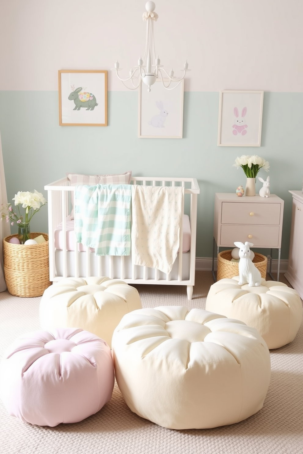 Create a cozy nursery space featuring egg-shaped poufs as seating options. The poufs are upholstered in pastel colors, complementing soft bedding and playful wall art for an inviting atmosphere. Incorporate Easter decorating ideas with delicate floral arrangements and themed accents. Subtle touches like bunny figurines and pastel-colored eggs add a festive charm to the nursery decor.