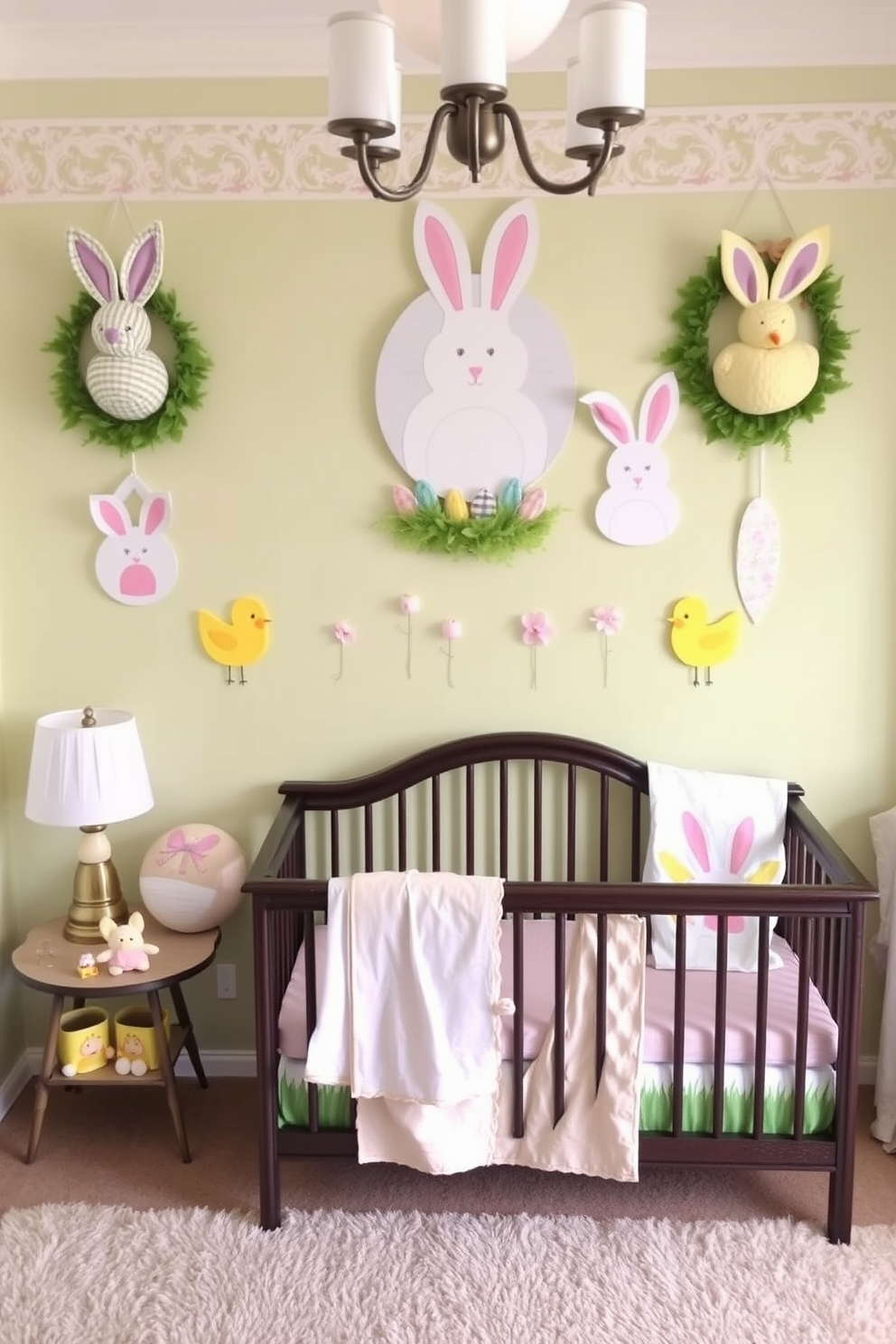 A charming nursery decorated for Easter features whimsical bunny and chick themed wall hangings. The soft pastel colors create a warm and inviting atmosphere, perfect for a child's room.