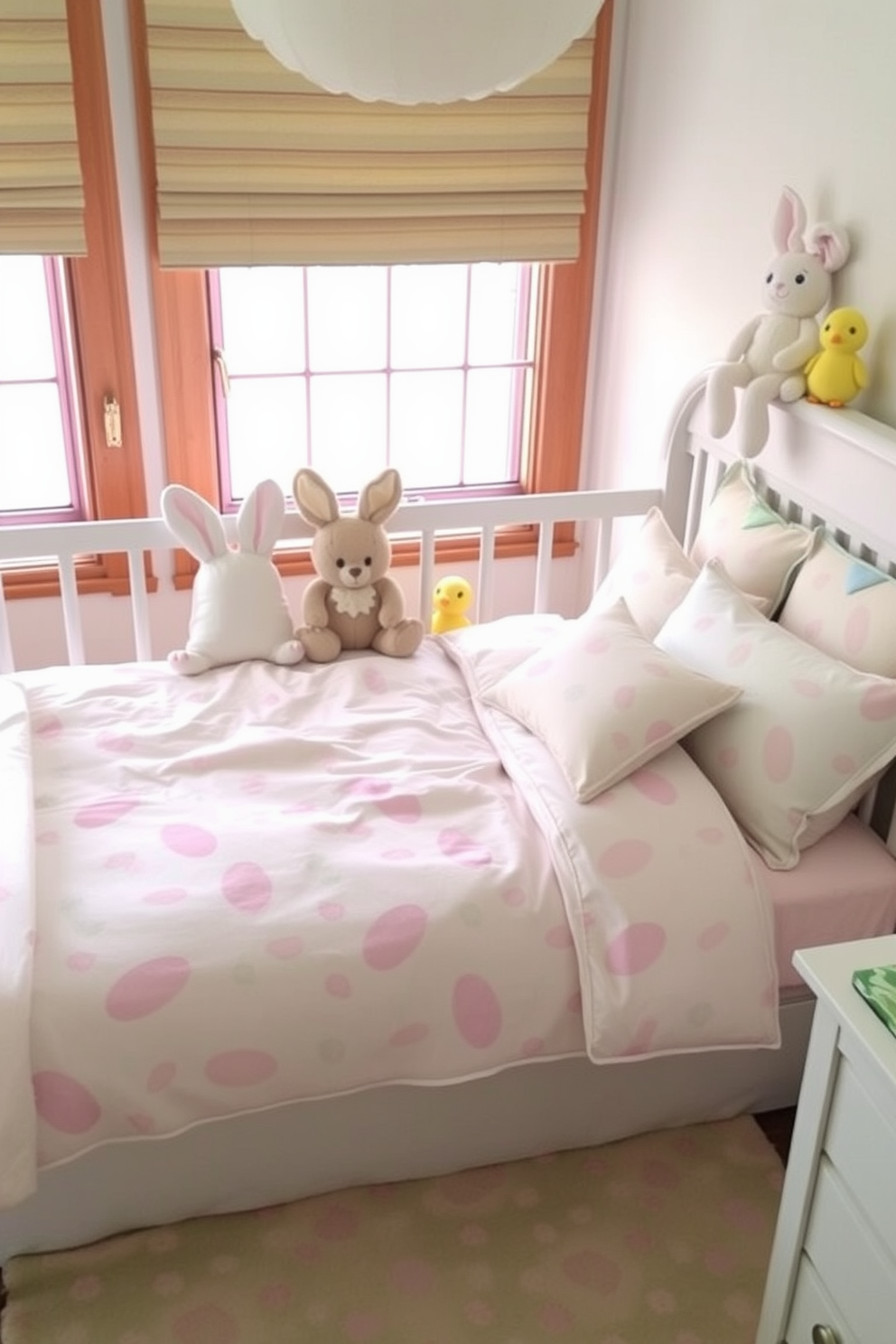 Easter themed bedding featuring a pastel color palette with delicate egg patterns scattered across the fabric. The nursery is adorned with soft plush toys and decorative pillows shaped like bunnies and chicks, creating a cheerful and inviting atmosphere.