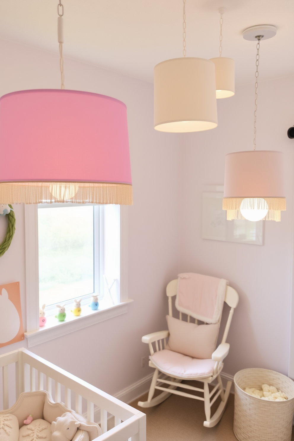 A serene nursery adorned with pastel colored lampshades that emit a gentle glow. The walls are painted in soft hues, creating a calming atmosphere perfect for a baby's room. Easter decorations are tastefully arranged throughout the space, featuring delicate bunnies and colorful eggs. A cozy rocking chair sits in the corner, inviting quiet moments of bonding and relaxation.