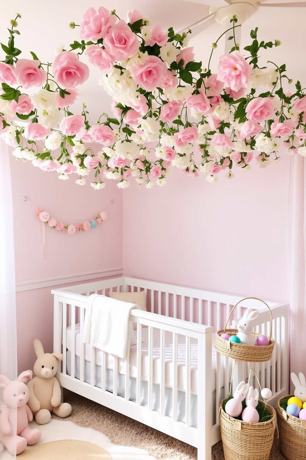 A whimsical nursery adorned with floral garlands hanging from the ceiling creates a cheerful atmosphere. Soft pastel colors dominate the room, with a cozy crib positioned against one wall and plush toys scattered throughout. Easter decorations are thoughtfully arranged, featuring bunny figurines and colorful eggs nestled in decorative baskets. A gentle light filters through sheer curtains, enhancing the playful and inviting ambiance of the space.