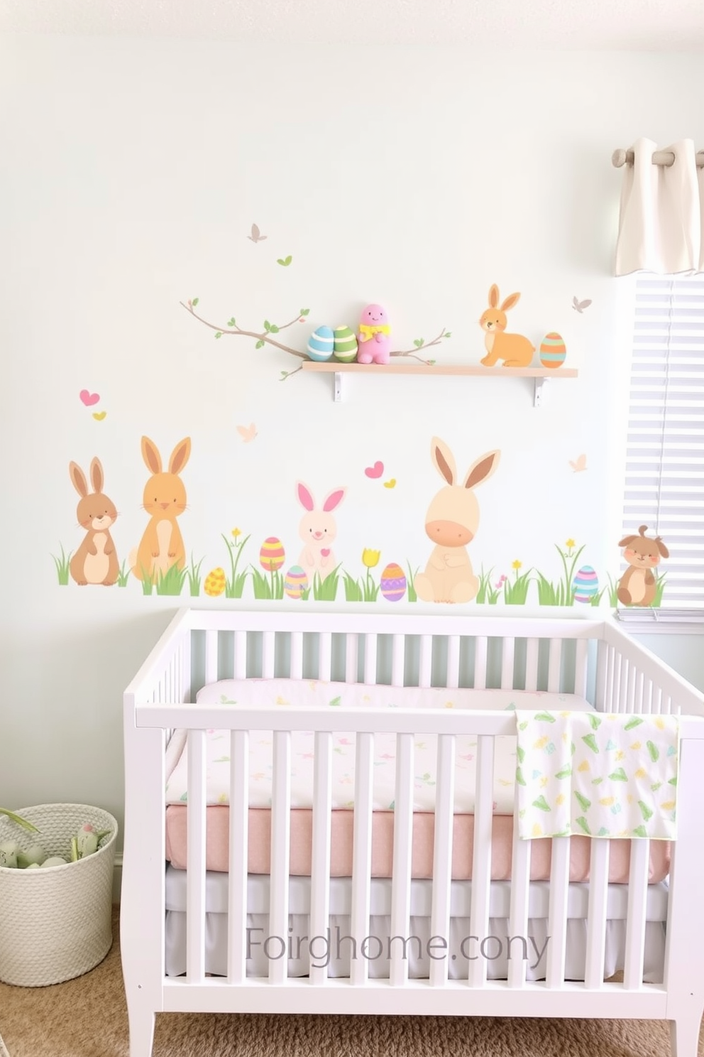 A cheerful nursery decorated for Easter features wall decals of adorable baby animals and colorful eggs. The soft pastel colors create a warm and inviting atmosphere, perfect for a cozy space for a newborn.