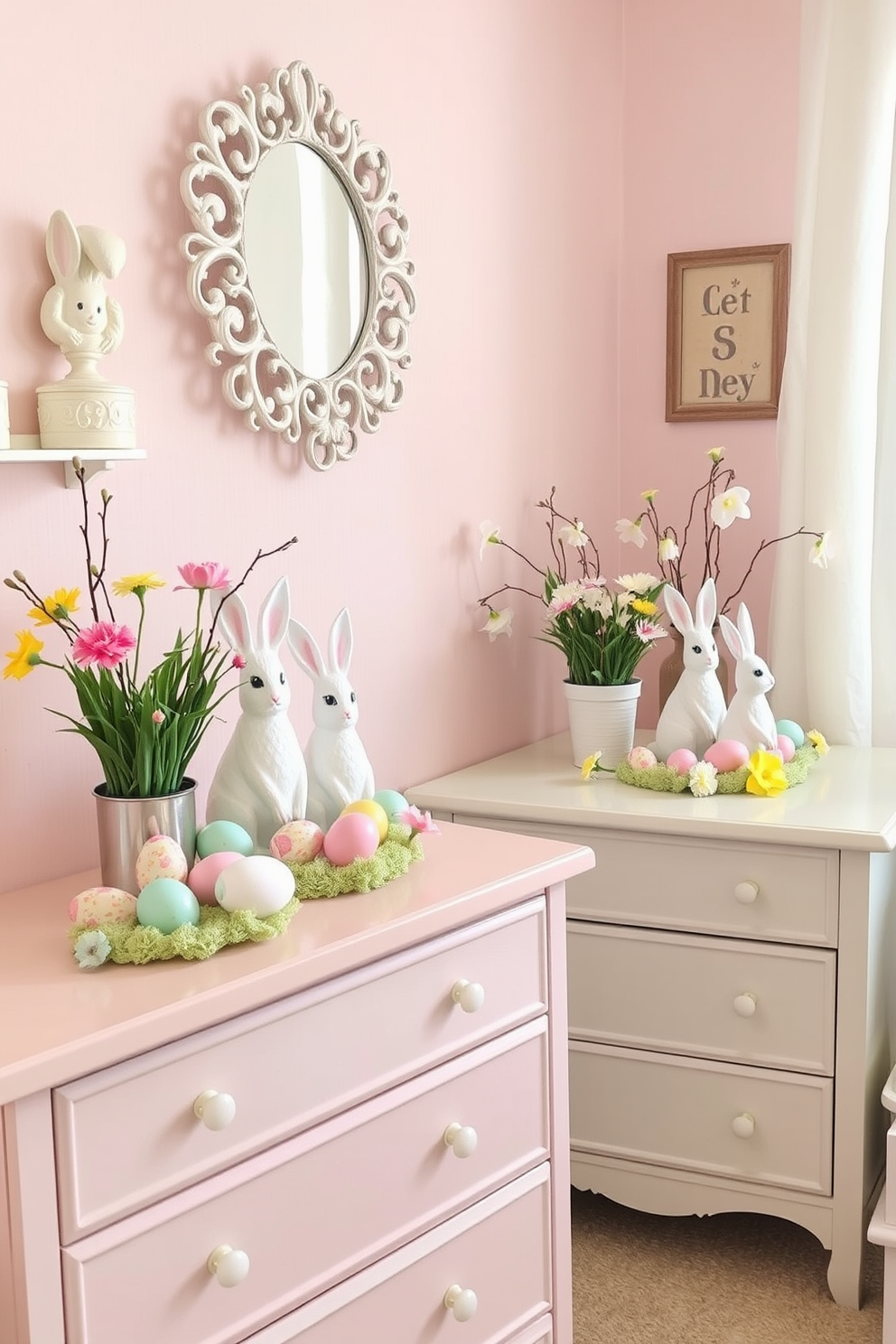 A charming nursery filled with pastel colors and soft textures. On the dressers, cute bunny figurines are placed among colorful decorative eggs and spring flowers for an Easter theme.