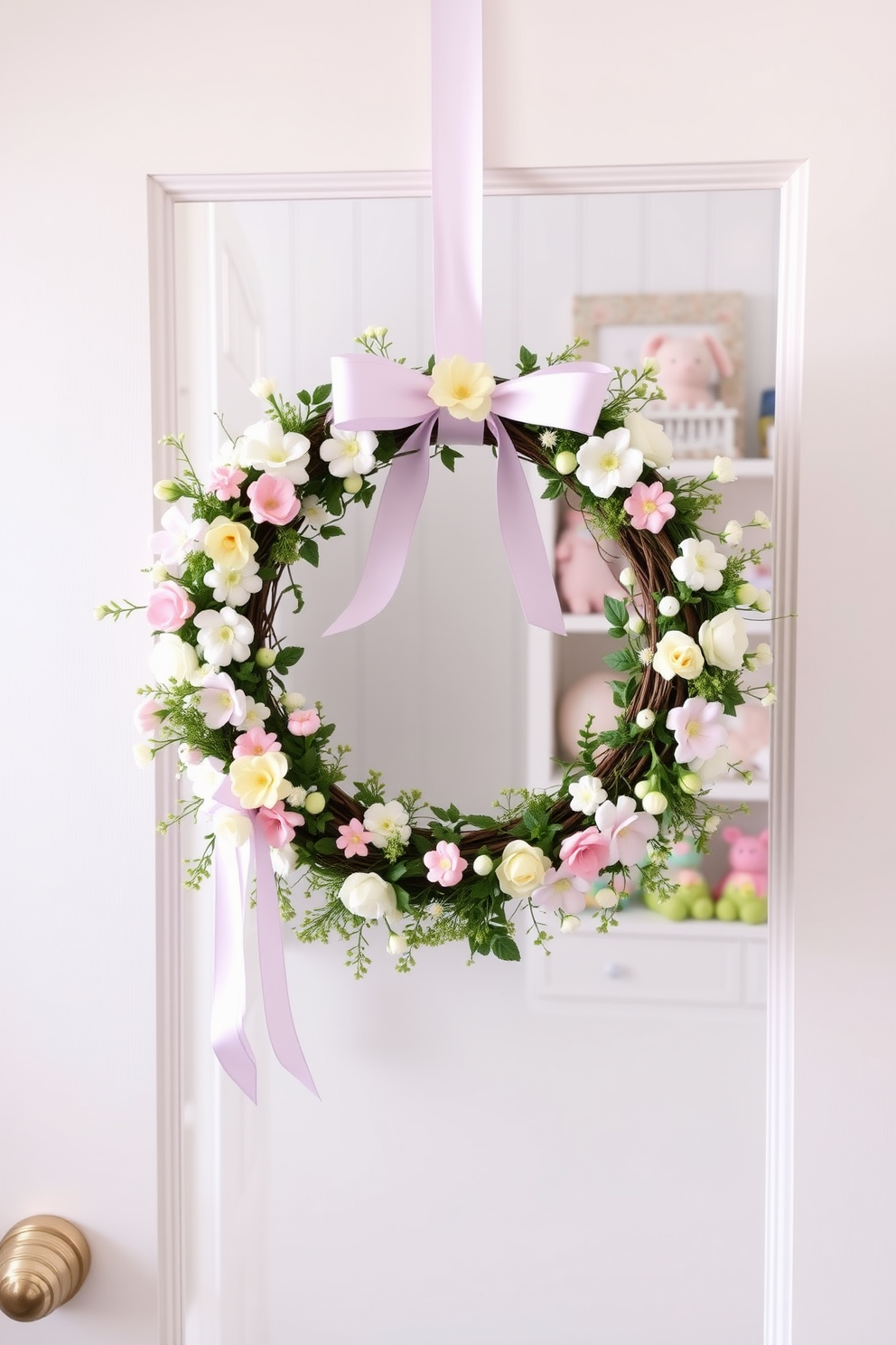 A charming Easter wreath adorns the nursery door, crafted from pastel-colored flowers and delicate ribbons. The wreath features playful elements such as small bunnies and eggs, adding a festive touch to the entrance. Inside the nursery, soft pastel decorations create a warm and inviting atmosphere. Adorn the shelves with Easter-themed plush toys and hang colorful garlands to enhance the cheerful decor.