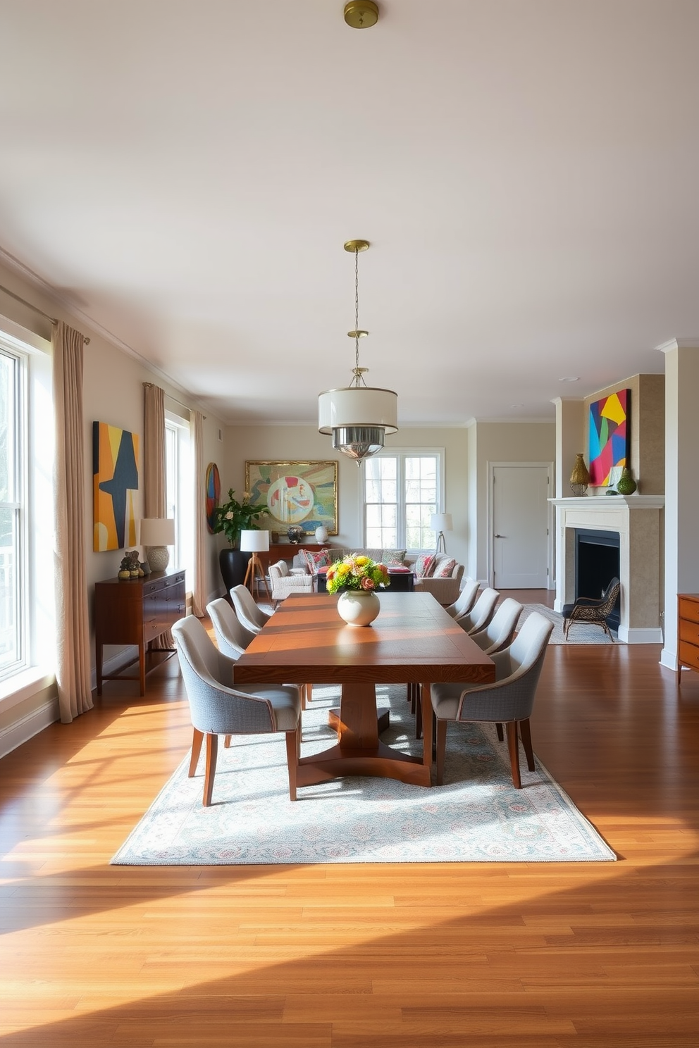 A spacious dining room with an open floor plan that seamlessly connects to the living area. The room features a large wooden dining table surrounded by elegant upholstered chairs, creating a welcoming atmosphere. Colorful artwork adorns the walls, adding a personal touch and enhancing the overall decor. Large windows allow natural light to flood the space, highlighting the beautiful hardwood floors and the stylish pendant lights above the table.