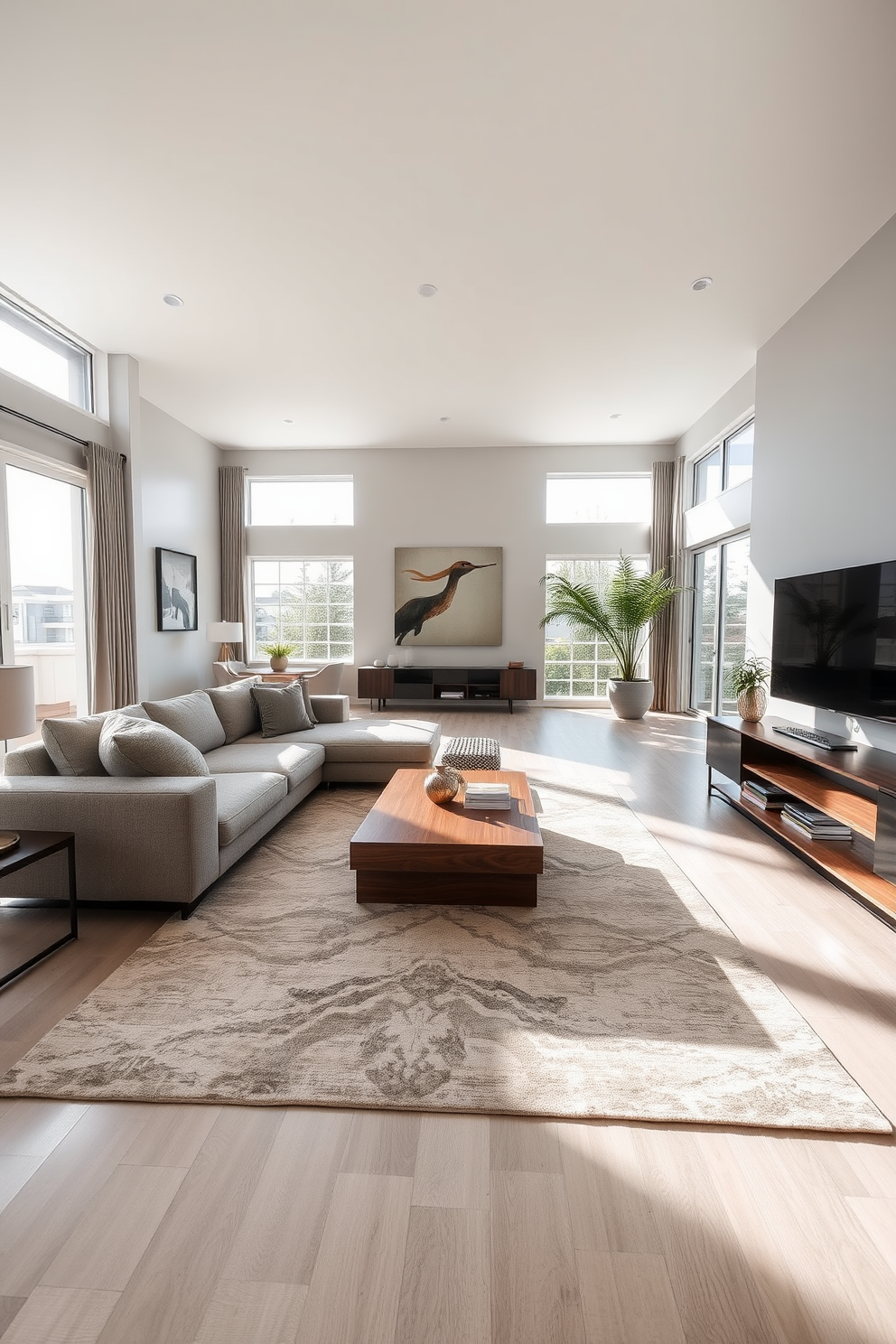 A spacious open floor plan living room features a harmonious blend of soft gray and warm beige tones. The seating area includes a large sectional sofa adorned with textured cushions, complemented by a sleek wooden coffee table at the center. Floor-to-ceiling windows allow natural light to flood the space, highlighting the elegant area rug that anchors the seating. A contemporary entertainment unit stands against one wall, balanced by tasteful artwork that enhances the room's inviting atmosphere.