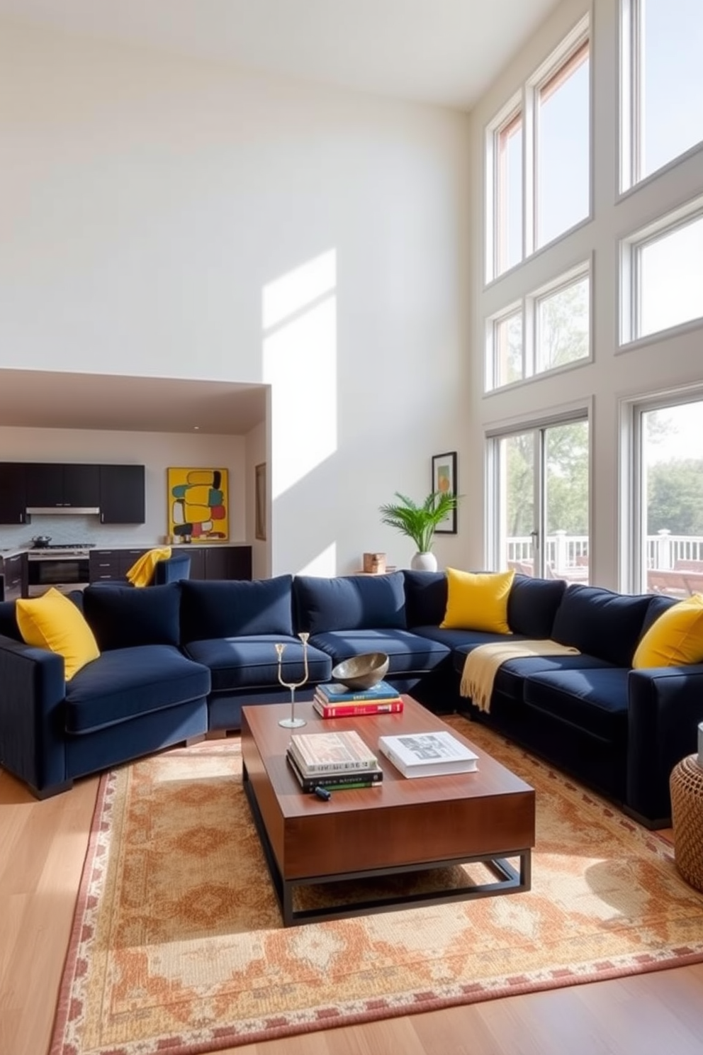 A spacious open floor plan living room features large windows that allow natural light to flood the space. The walls are painted in a soft neutral tone, providing a perfect backdrop for vibrant accessories. A plush sectional sofa in a deep navy blue is complemented by bright yellow throw pillows and a patterned area rug. A stylish coffee table sits at the center, adorned with colorful books and a decorative bowl, creating an inviting atmosphere.