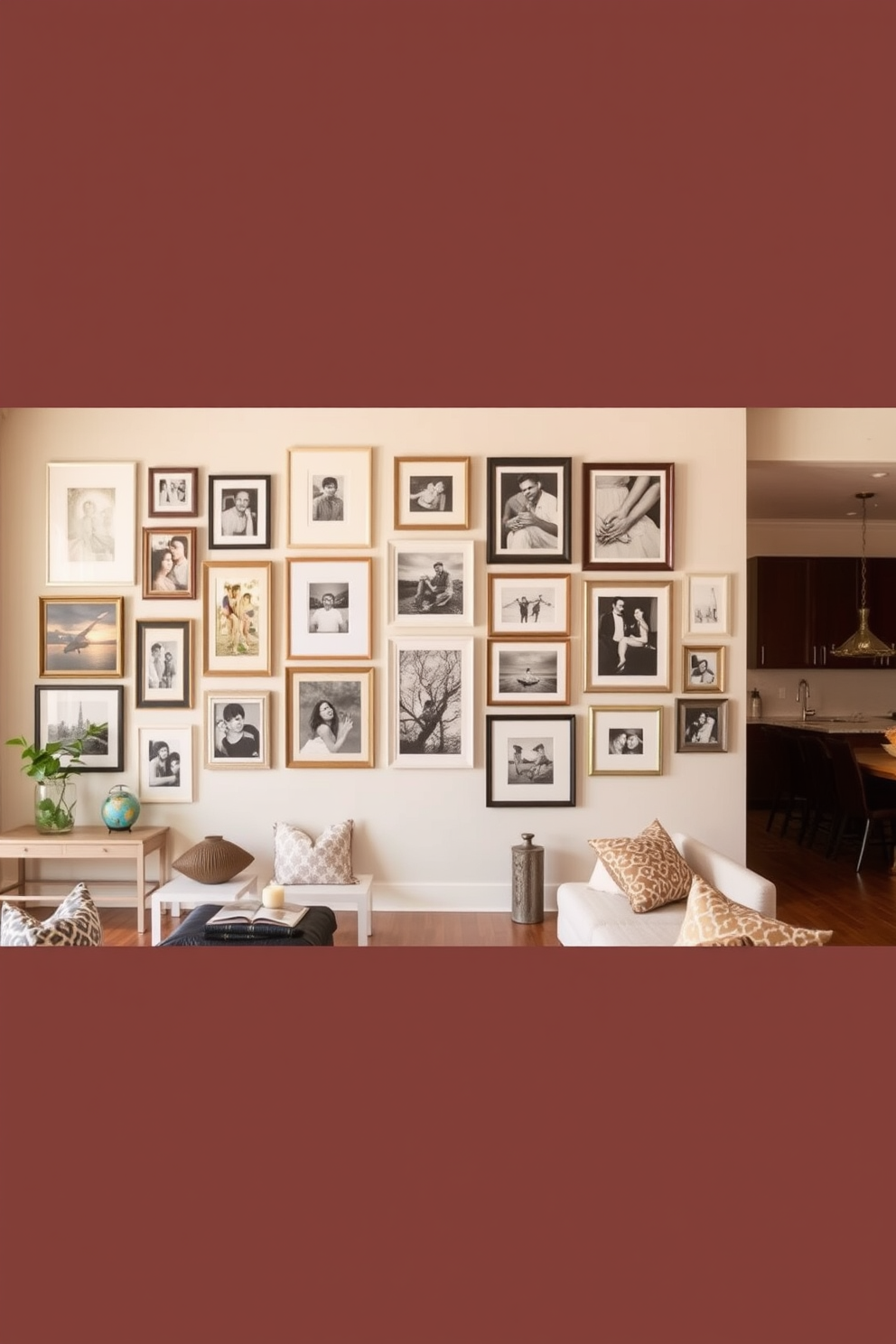 Create a gallery wall featuring a mix of framed art prints and personal photographs. Incorporate various sizes and styles of frames for an eclectic yet cohesive look. Design an open floor plan living room that seamlessly integrates the kitchen and dining area. Use a neutral color palette with pops of color through furniture and decor to create a welcoming atmosphere.