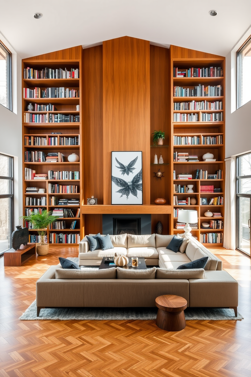 A spacious open floor plan living room features tall shelves that reach up to the ceiling, showcasing a curated collection of books and decorative items. The room is filled with natural light from large windows, and the seating area includes a plush sectional sofa and a modern coffee table.