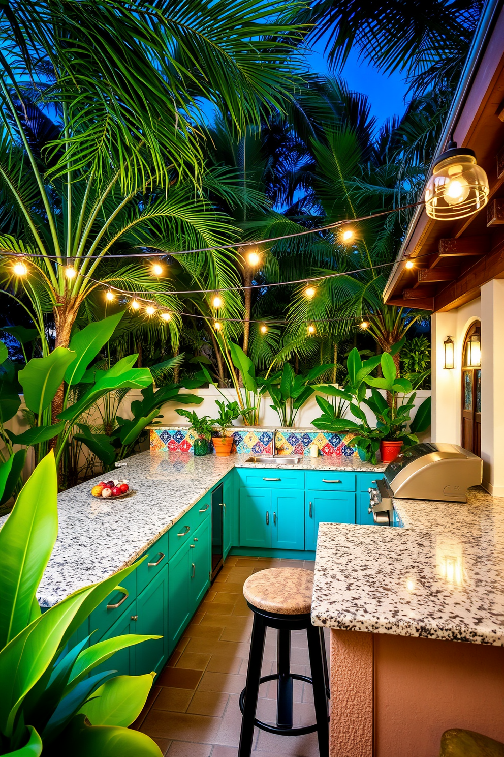 A vibrant outdoor cooking area surrounded by lush tropical plants and palm trees. The kitchen features a large island with a granite countertop, equipped with a built-in grill and bar seating for guests. Colorful ceramic tiles adorn the backsplash, adding a playful touch to the space. String lights are hung above, creating a warm and inviting atmosphere for evening gatherings.