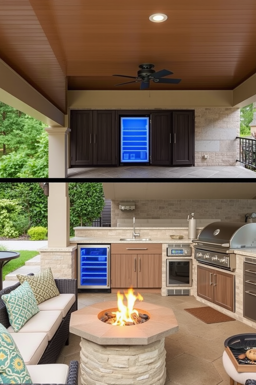 A covered patio featuring an outdoor refrigerator seamlessly integrated into the cabinetry. The space is adorned with comfortable seating, a stylish dining table, and lush greenery surrounding the area. An outdoor kitchen designed for entertaining, complete with a built-in grill and ample counter space. The design incorporates modern appliances and a cozy fire pit, creating an inviting atmosphere for gatherings.
