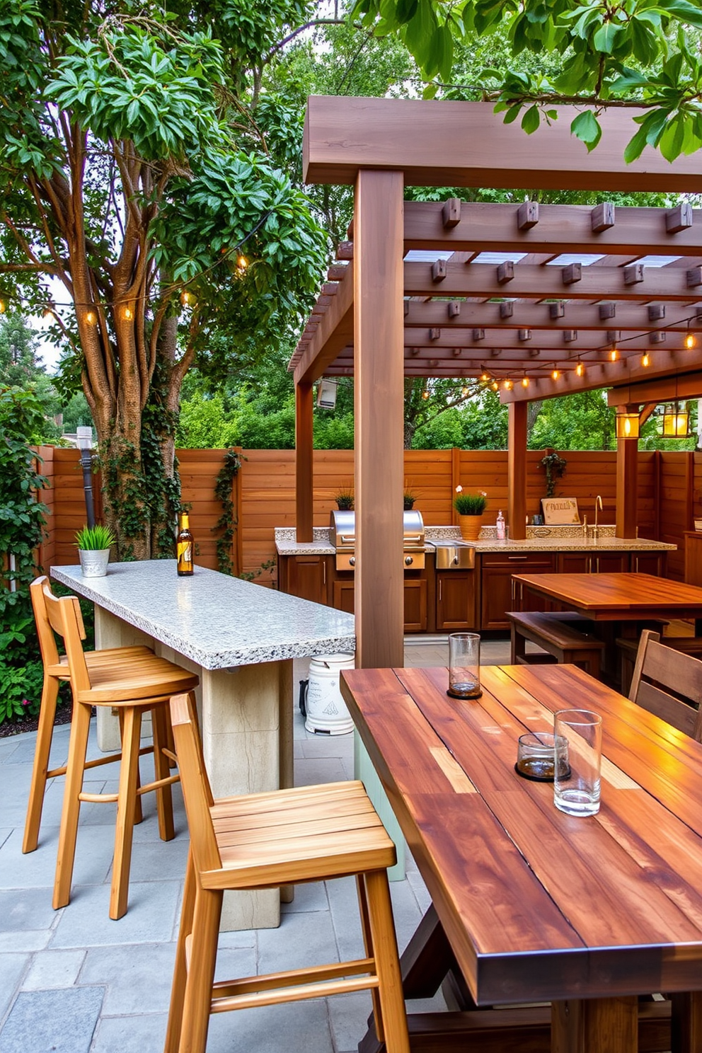 A stylish outdoor bar area featuring high-top stools made of natural wood. The bar counter is topped with a sleek granite surface, surrounded by lush greenery and twinkling string lights. An inviting outdoor kitchen designed for entertaining with a built-in grill and ample counter space. The kitchen is complemented by a rustic wooden dining table set under a shaded pergola for a cozy atmosphere.