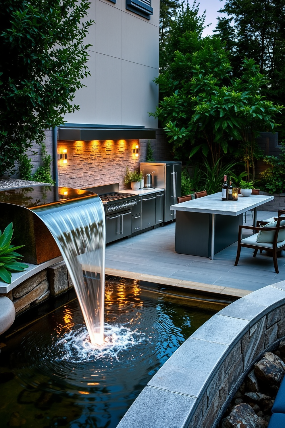 An elegant water feature flows gently beside a modern outdoor kitchen, creating a serene ambiance. The kitchen is equipped with sleek stainless steel appliances and a spacious island topped with natural stone. Surrounding the area are lush green plants and subtle lighting that enhances the evening atmosphere. Comfortable seating is arranged nearby, allowing for relaxed dining experiences in a beautiful outdoor setting.