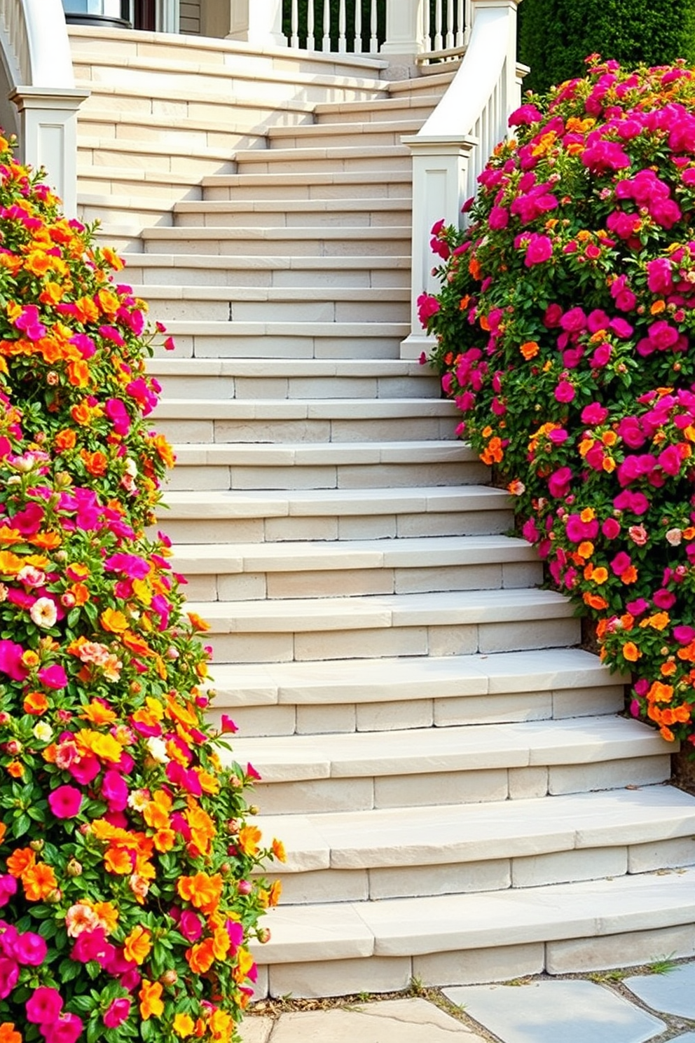 A stunning outdoor staircase design featuring steps bordered by lush flowering shrubs. The staircase is made of natural stone, seamlessly blending with the surrounding landscape, while vibrant blooms add a pop of color and charm.