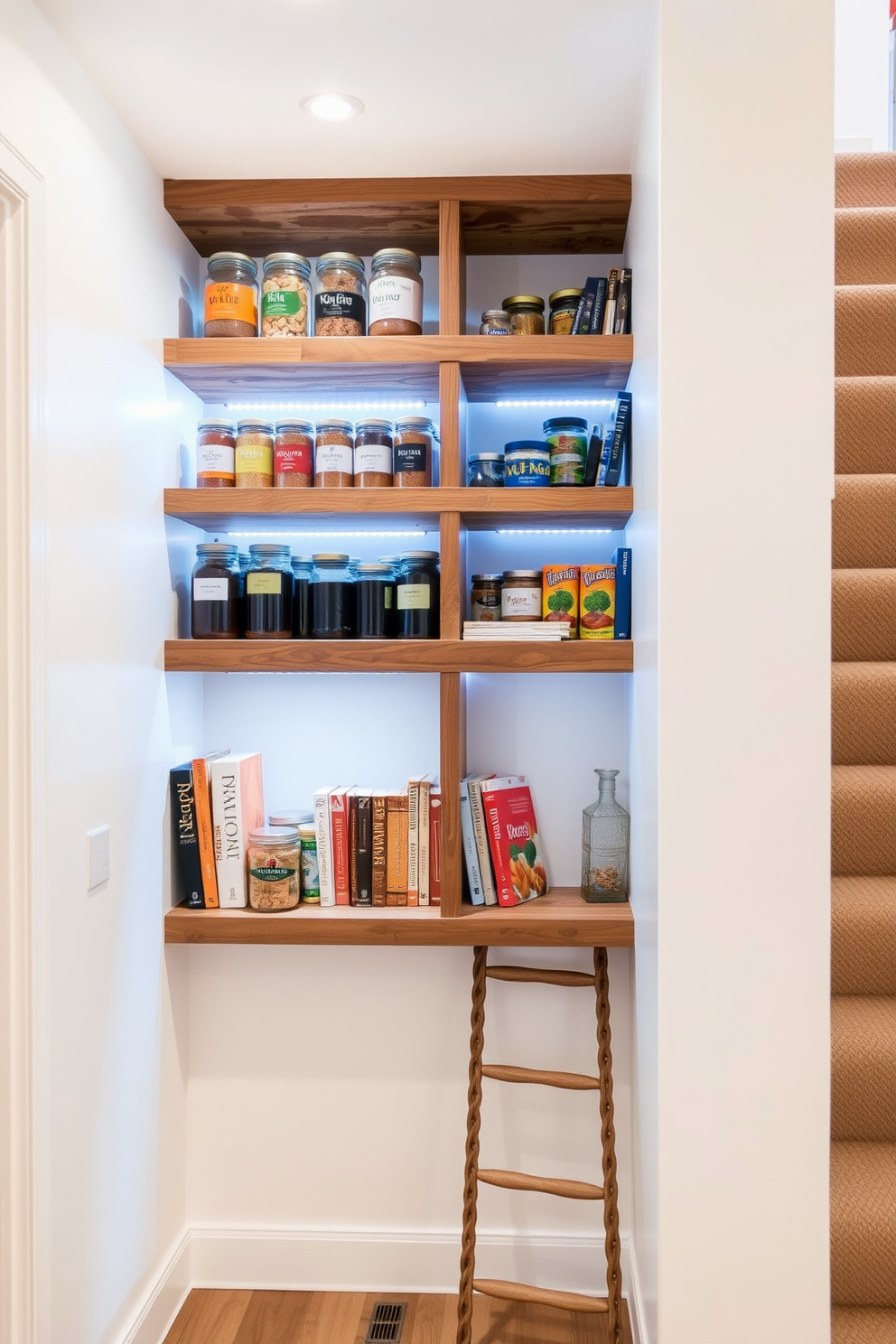 Open shelving design under the stairs creates a functional and stylish pantry space. The shelves are made of reclaimed wood, showcasing an organized display of jars, spices, and cookbooks. The walls are painted in a soft white to enhance brightness, while LED strip lighting highlights the shelves. A small ladder is positioned nearby for easy access to the top shelves, adding a charming touch to the design.