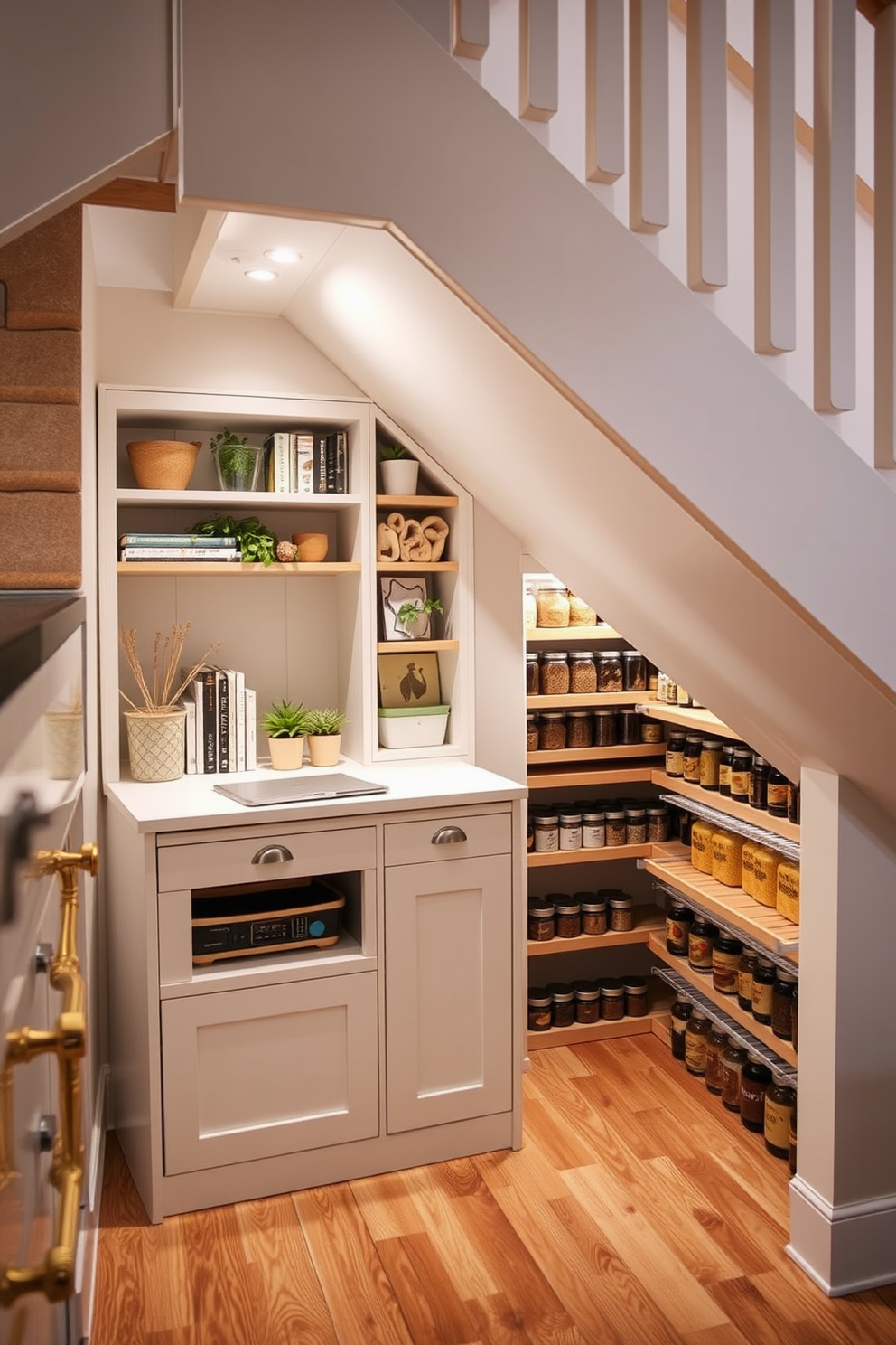 A cozy multi-functional space is designed under the stairs, featuring a small desk that maximizes the available area. The desk is complemented by built-in shelving, providing both storage and a decorative display for books and plants. The pantry under the stairs is organized with pull-out shelves and neatly arranged jars for easy access. Soft lighting illuminates the space, creating a warm and inviting atmosphere for meal prep and storage.