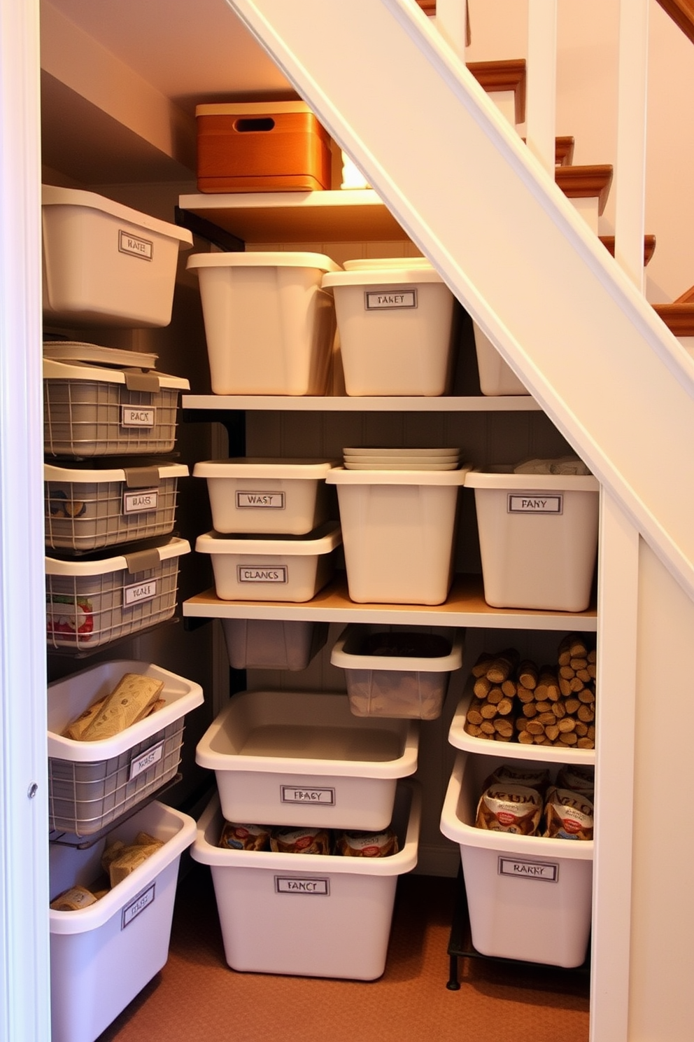 A cozy pantry under the stairs features stacked bins in various sizes for versatile organization. The bins are labeled for easy access, and the space is illuminated with warm lighting to create an inviting atmosphere.