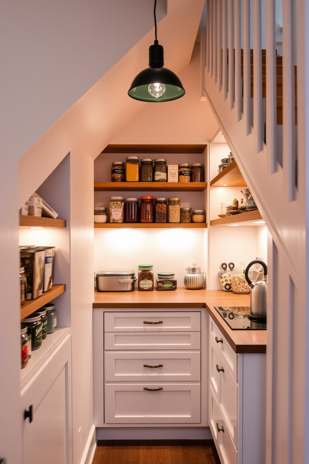 A cozy pantry tucked under the stairs features integrated lighting that illuminates the shelves filled with neatly organized jars and containers. The walls are painted a soft white, creating a bright and inviting space, while wooden shelves add warmth and character. The design incorporates pull-out drawers for easy access to cooking essentials, complemented by a small countertop for meal prep. A stylish pendant light hangs from above, enhancing the ambiance and functionality of this clever storage solution.