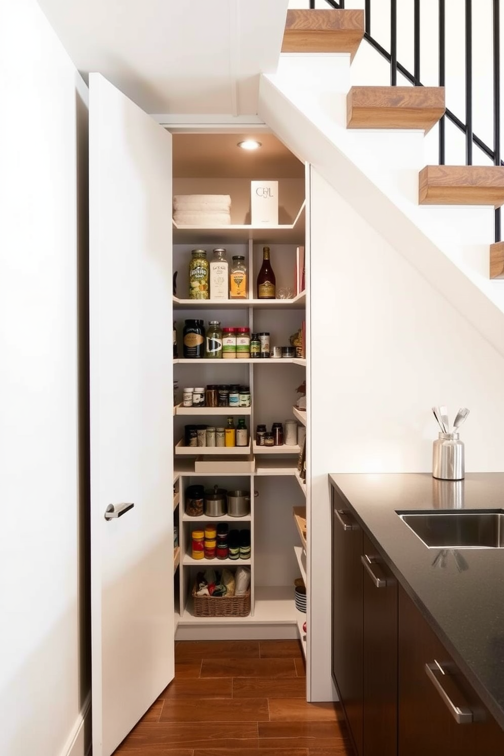 A modern pantry design situated under the stairs. It features vertical storage solutions for tall items, maximizing the use of space and ensuring easy access. The cabinetry is sleek and minimalist, with a combination of open shelves and closed storage. Soft lighting illuminates the area, creating an inviting atmosphere for meal preparation and organization.