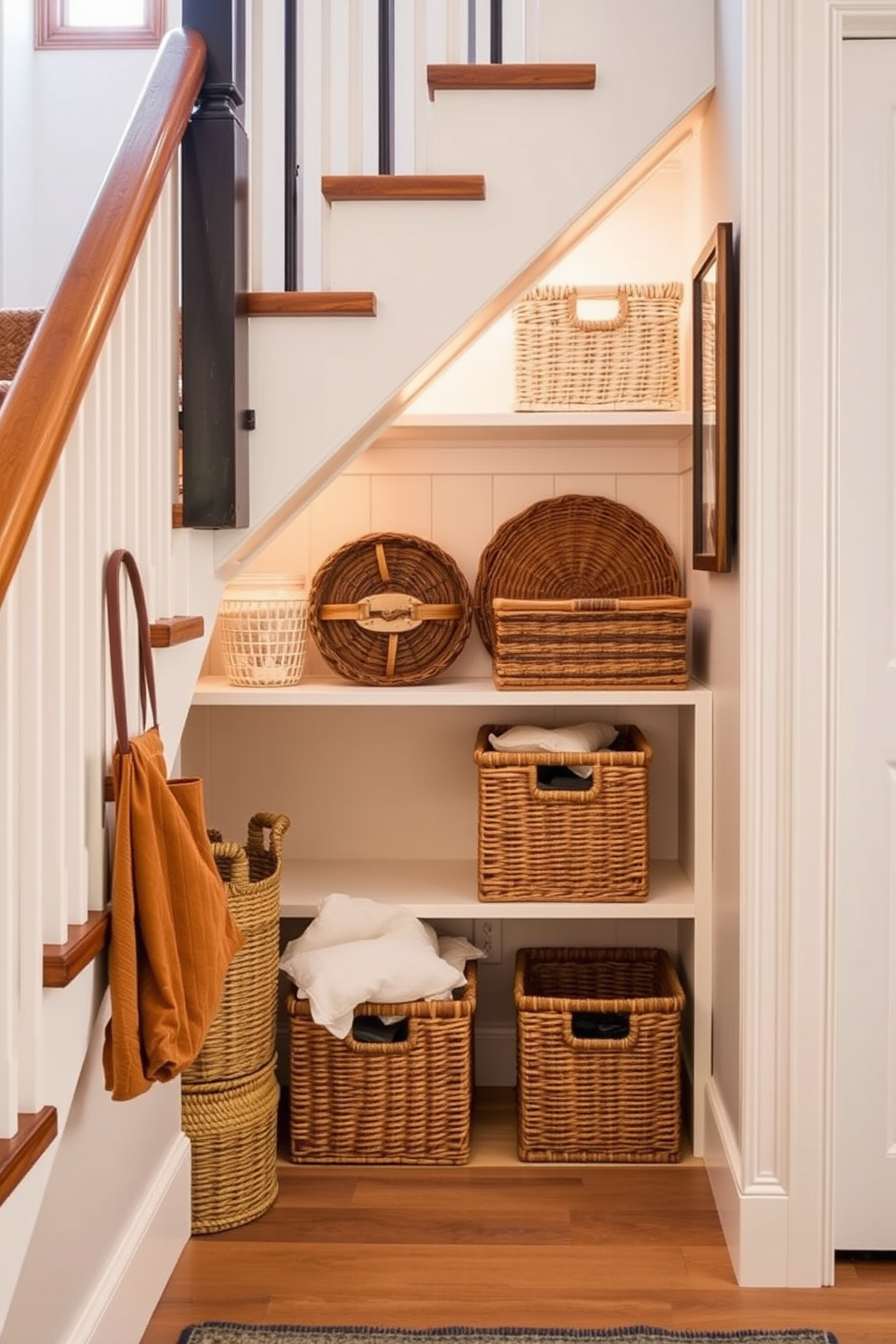 Create a cozy pantry under the stairs using decorative baskets for storage. The space should feature warm lighting and a mix of textures to enhance the inviting atmosphere.